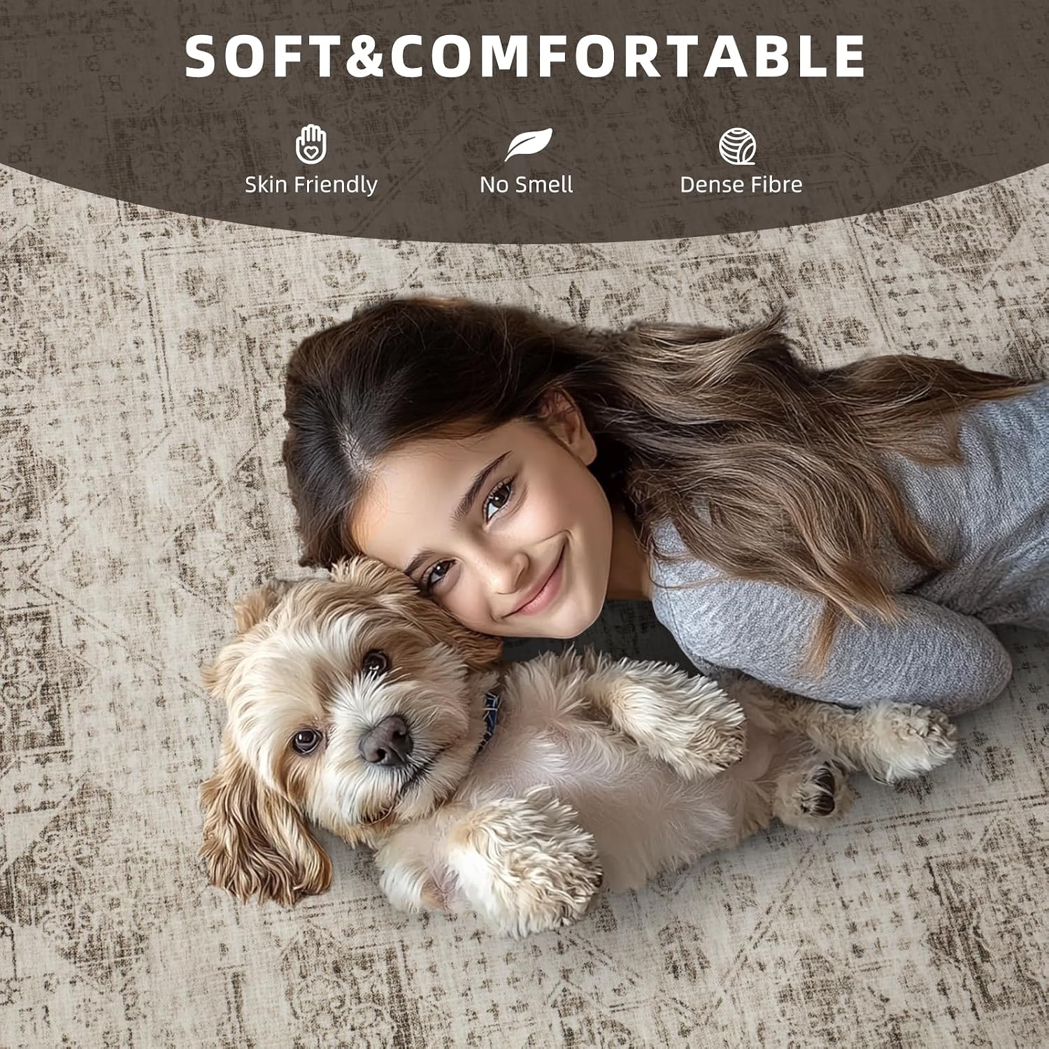 8x10 Boho Washable Area Rug for Living Room,Bedroom,Dining Room-Beige Brown | Neutral Retro,Ultra Soft Low Pile Faux Wool,Non-Slip&Non-Shedding,Fade Resistant,Large Vintage Carpet for Nursery Home Office thumbnail