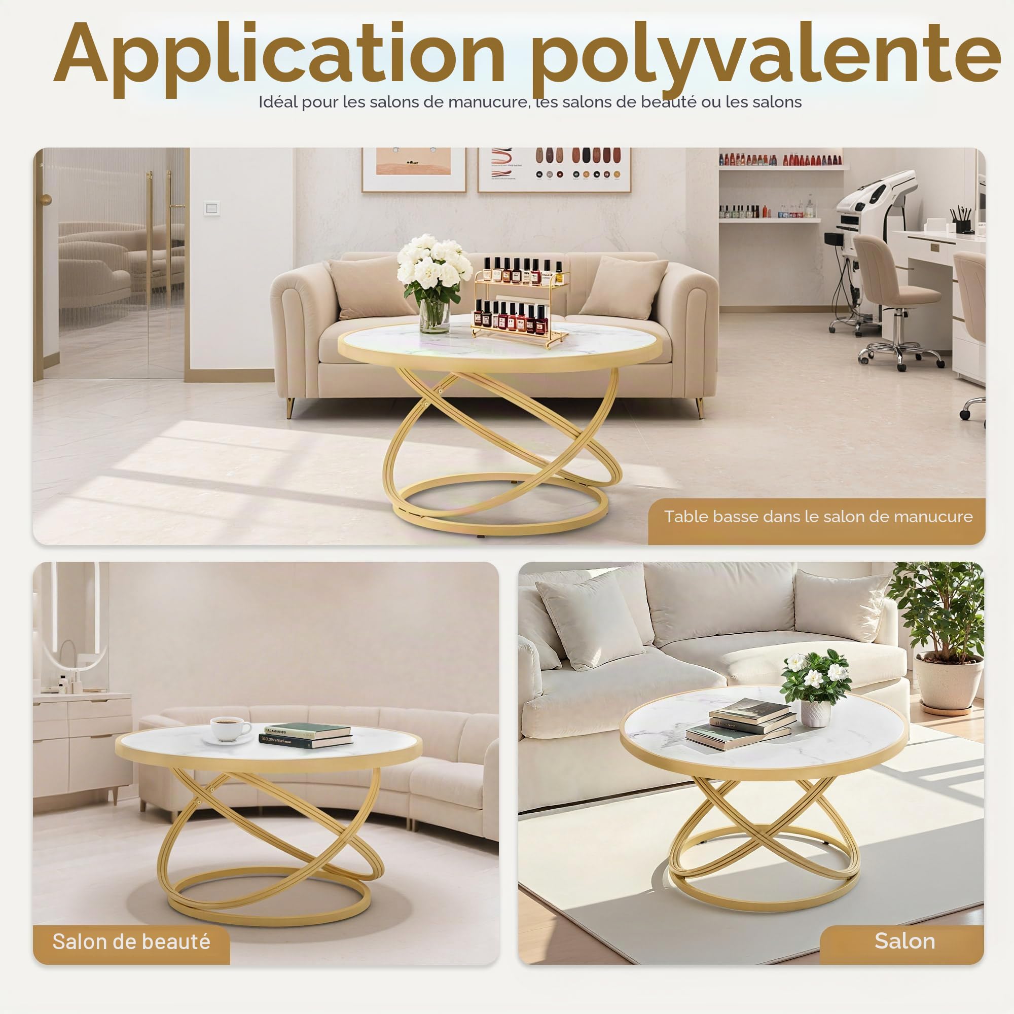 Barberpub Canapé Moderne, Petite Métal d'appoint, Table Basse pour Salon, Salon de Beauté, Plateau Marbre Blanc Doré, 80x80x45cm