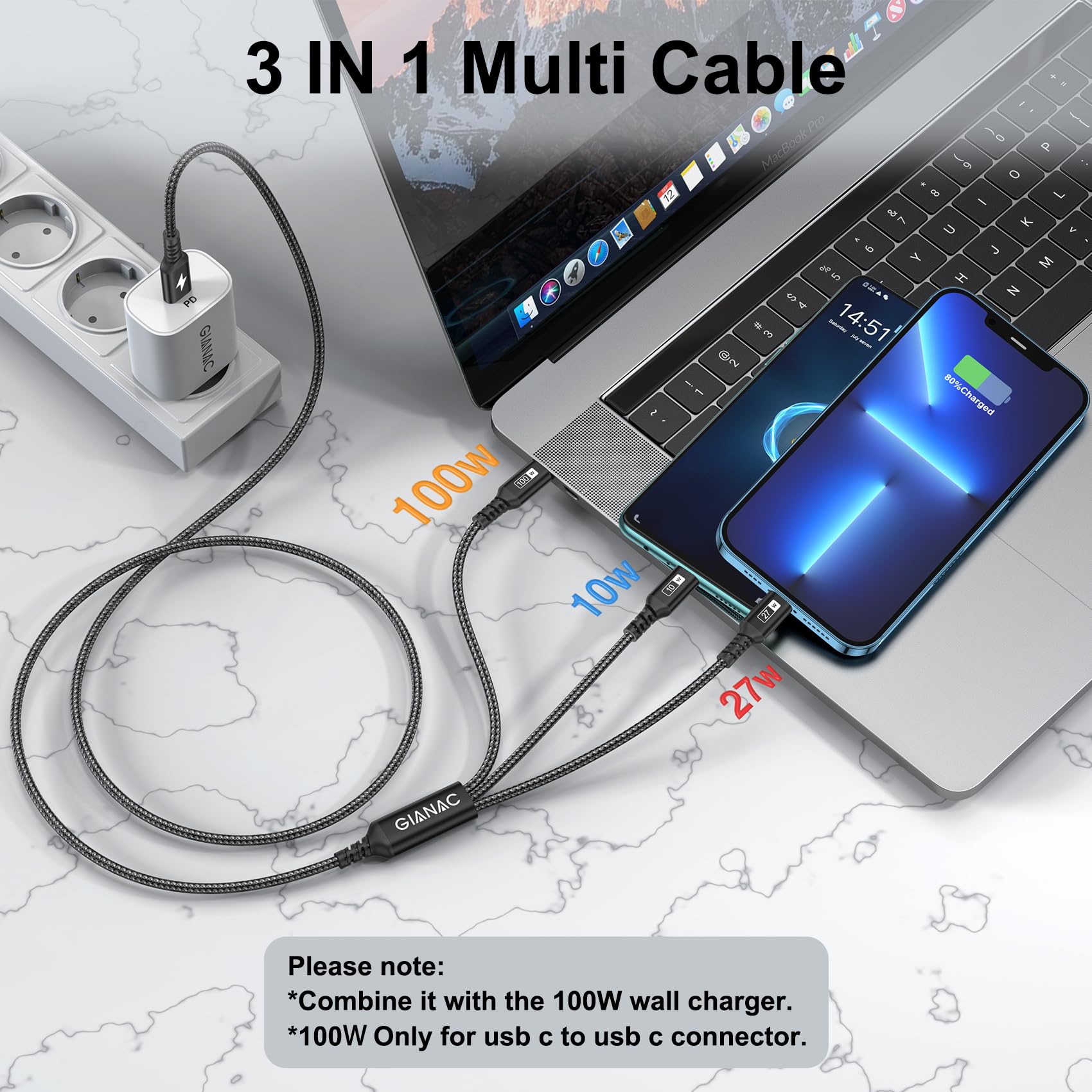 GIANAC 100W Cavo USB C Ricarica Multiplo [1.2M] Cavo Ricarica Multiplo,USB C a USB C PD [100W]+USB C a Lightning[27W]+USB C a Micro [10W] per Galaxy,Huawei,MacBook,iPhone 15 14 13