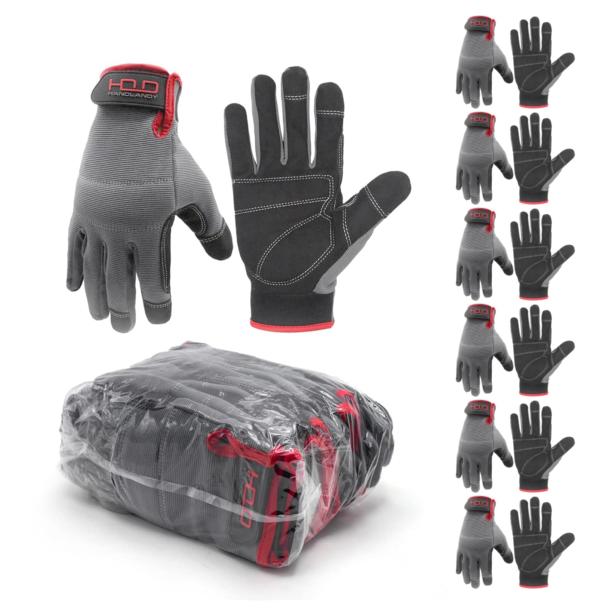 HANDLANDY 6 Pairs Mens Work Gloves Touch Screen, Synthetic Leather Utility Gardening Gloves, Flexible Breathable Spandex Back, Padded Knuckles & Palm (M, Grey) โ image 1
