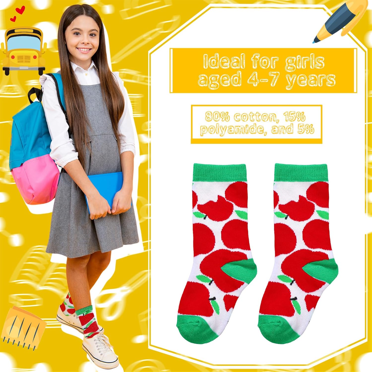 Zoooyawn 6 Pairs Novelty Socks for Kids Gift Back to School Socks Funny Crazy Silly Sock for Girls Holiday Xmas Party Favors with Pencils Bus Crayons Ruler Pattern - Image 2
