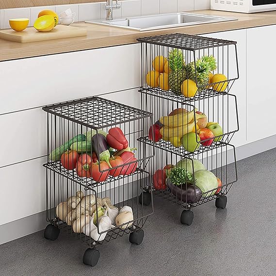 CarolynDesign 3 Tier Storage Basket Stand with Wheels and Cover