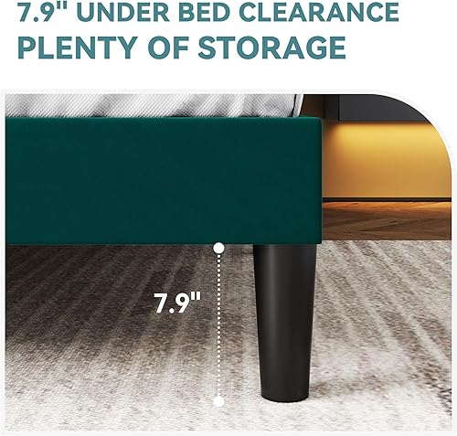 Miniatura 34 de HOOMIC Base de cama de plataforma de tamaño matrimonial, cama tapizada de terciopelo moderno con cabecera capitoné de canal vertical ajustable,