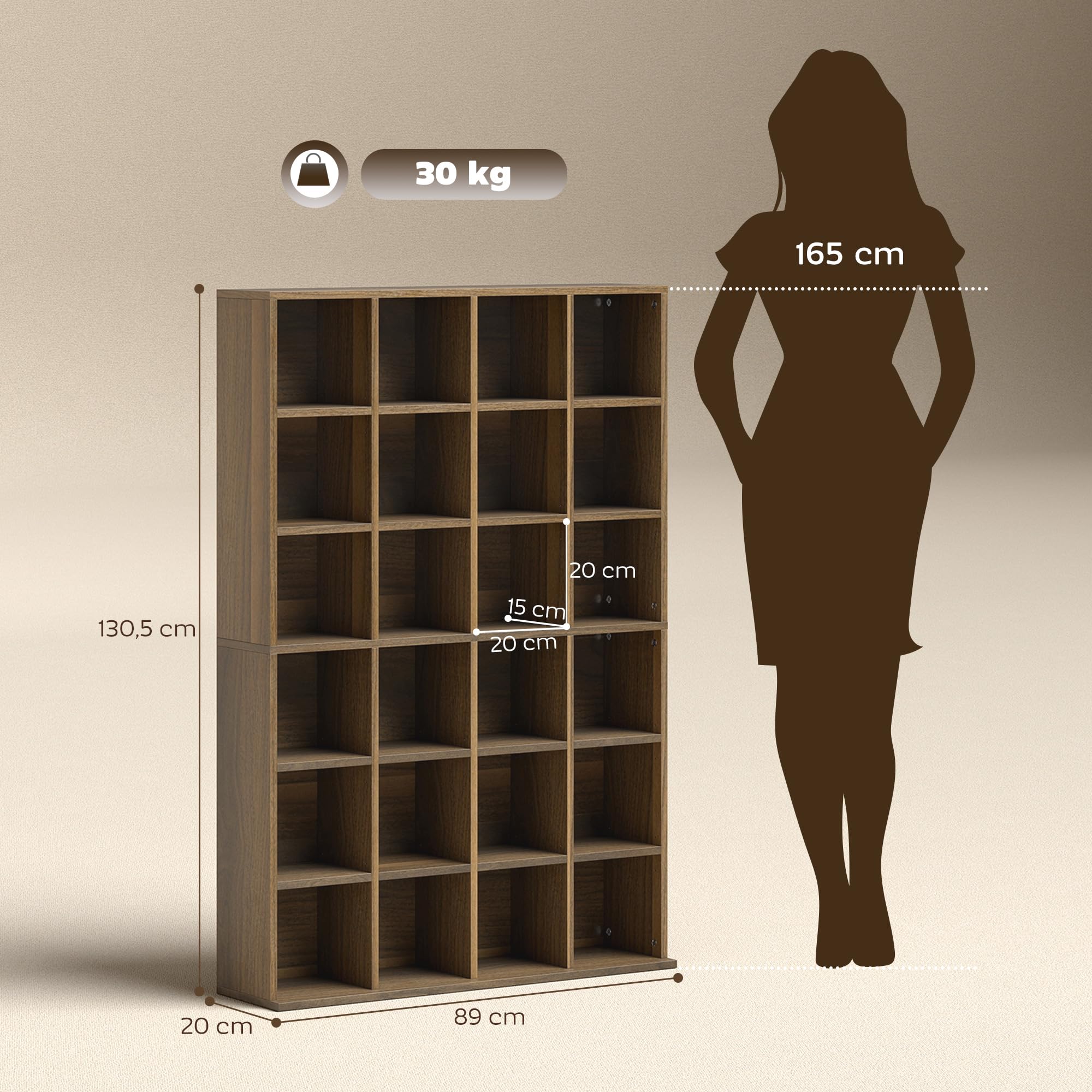 HOMCOM Contenitore per CD e DVD, scaffale di archiviazione, capacità massima 456 CD/336 DVD, 24 scomparti e ripiani regolabili, per ufficio, soggiorno, camera da letto, 89 x 20 x 130,5 cm, marrone