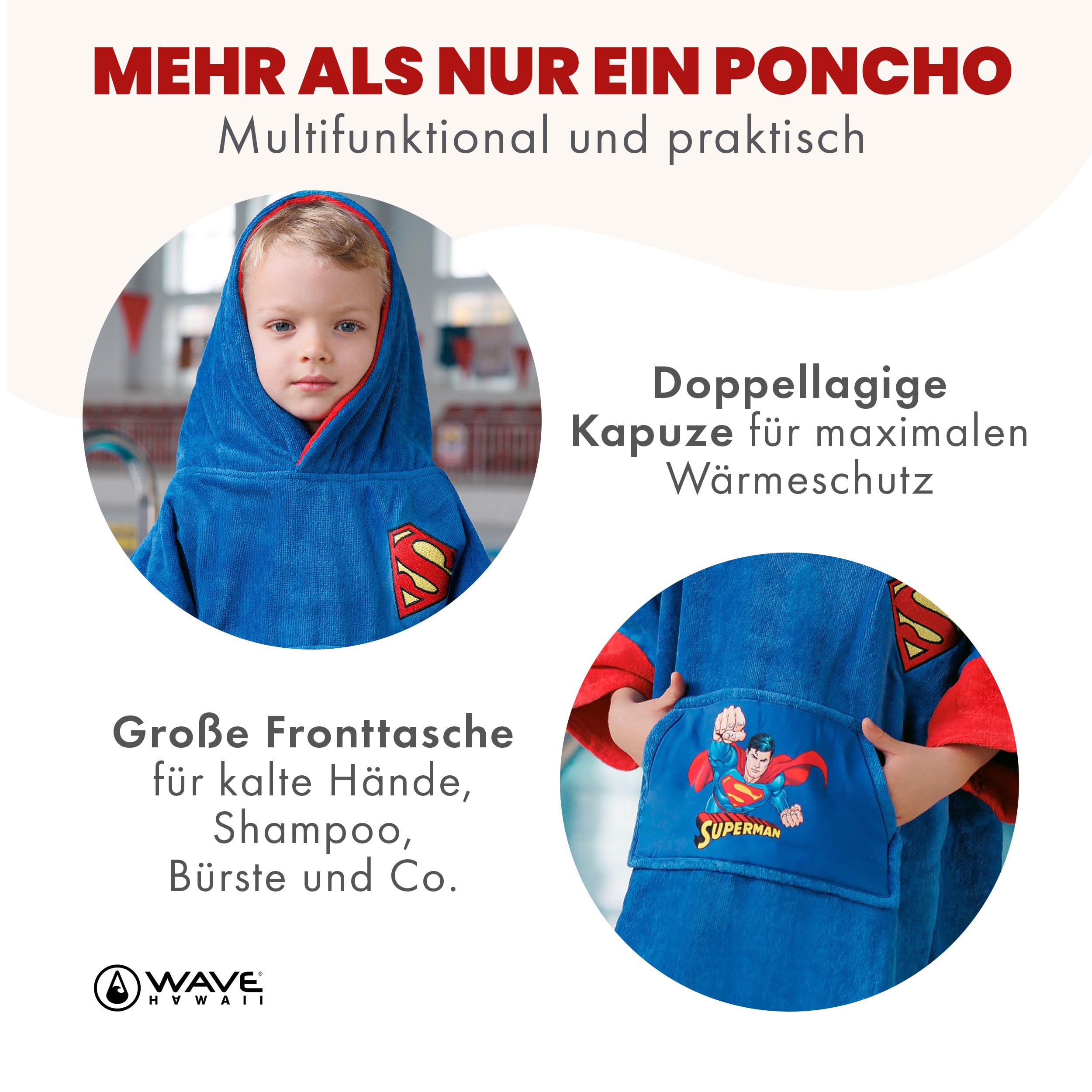 Wave Hawaii Poncho de baño para niños, en algodón Natural, Poncho de Playa con Capucha, Toalla Suave para niños y niñas, para casa, baño y Viaje, Talla (Superman, XXS)
