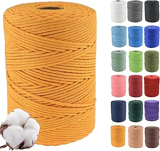 Klhamky Hilo Macrame 3mm x 500m, 100% Algodó Cordel Hilo Natural, Cuerda Macrame de Algodón Suave de 4 Hilos, para Manualidades para Colgar Plantas, Macrame Pared, Macrame Cortinas,Amarillo Dorado