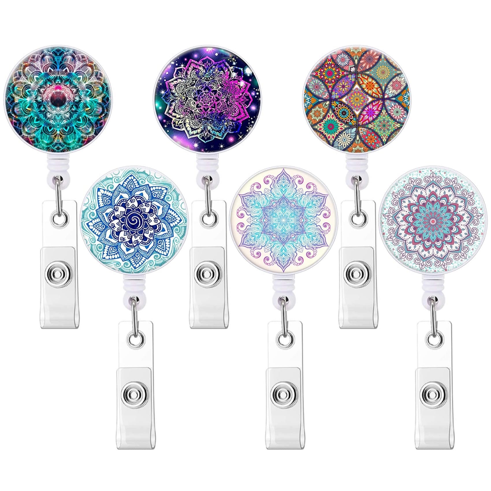 6 Pack Mixed Pattern Retractable Badge Holders, Cute Nursing Badge Reel, Badge Clip ID Card Holders (B-Mandala Flower)