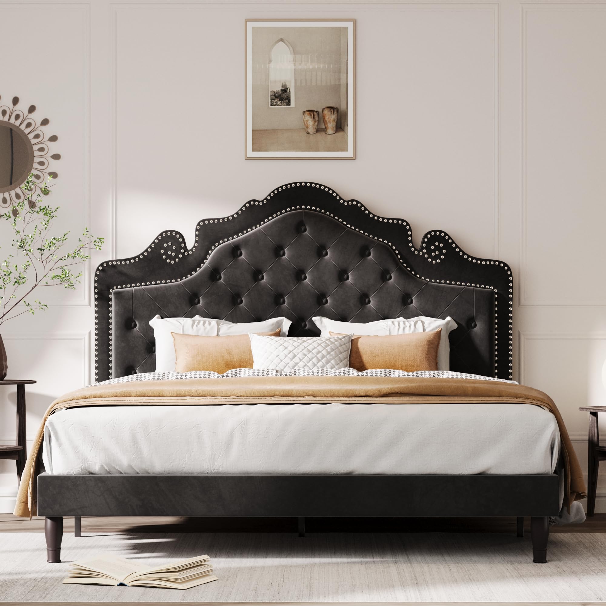 MUTICOR Queen Bed Frame with Adjustable Velvet Tiara Headboard, Upholstered Diamond Button Tufted Design, Wood Slats Support, No Box Spring Needed,
