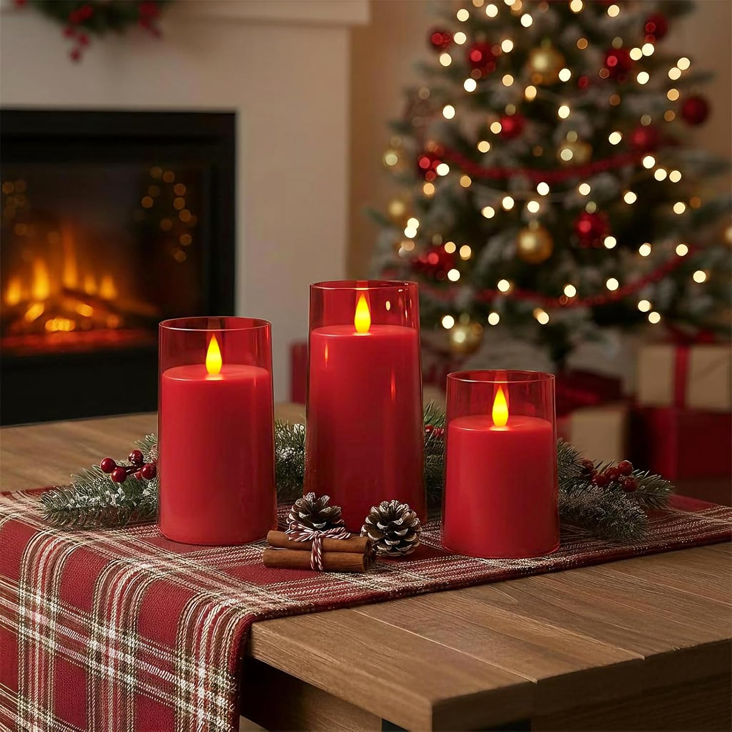 Raycare Flameless Electronic Pillar Candles with Remote Control and Timer- Battery Operated Realistic Flickering LED Fake Candle for Home, Wedding, Valentine's Day Decor,Red,Set of 3(3"x4"5" 6")