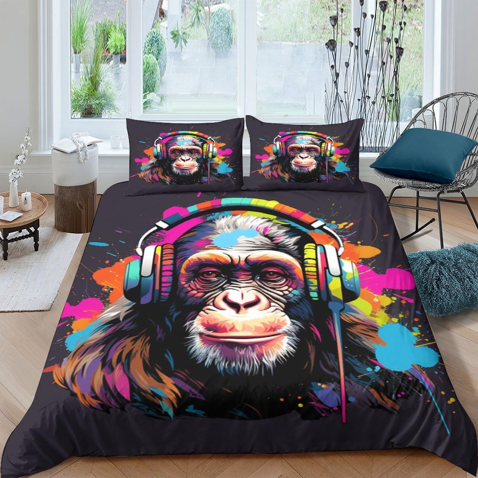 Ctjqhvkz Style-9 3D Printed Funky Monkey Headphones Fitted Sheet Microfiber Soft Breathable Graffiti Bed Cover For Bedroom Dorm Decor Single（135X200cm）
