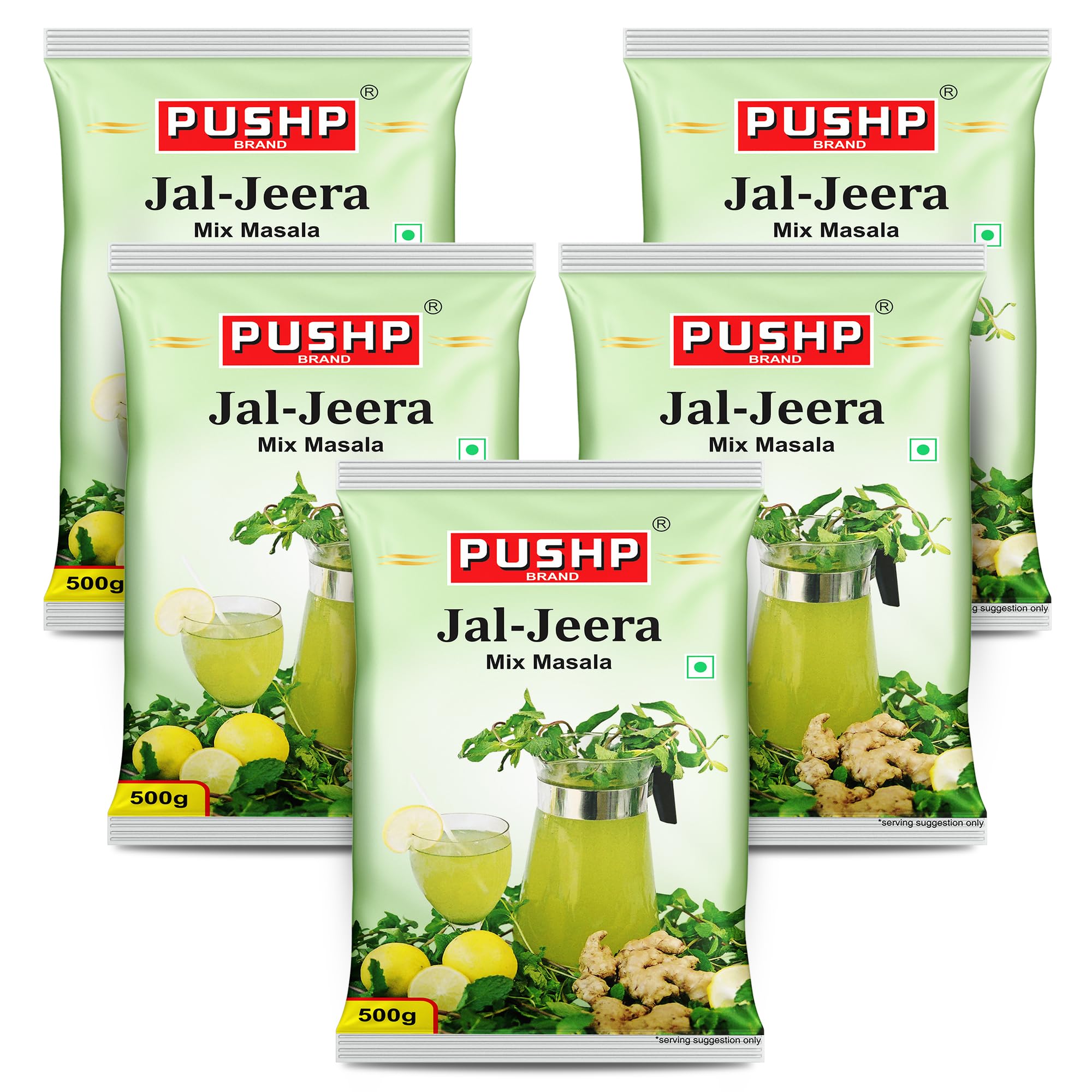 Pushp Brand Jal Jeera Powder (Masala) 500 g Pouch | Pack of 5 | Instant Drink Mix Masala for Refreshing Summer Drink & Chat, Mint & Cumin Blend, No Artificial Colours | Hygienically Packed |