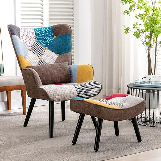 Relaxsessel mit Hocker Patchwork Sessel Ohrensessel Holz Sessel Wohnzimmer, moderner Fernsehsessel Loungesessel Stuhl Patchwork Leinen Massivholzfüße