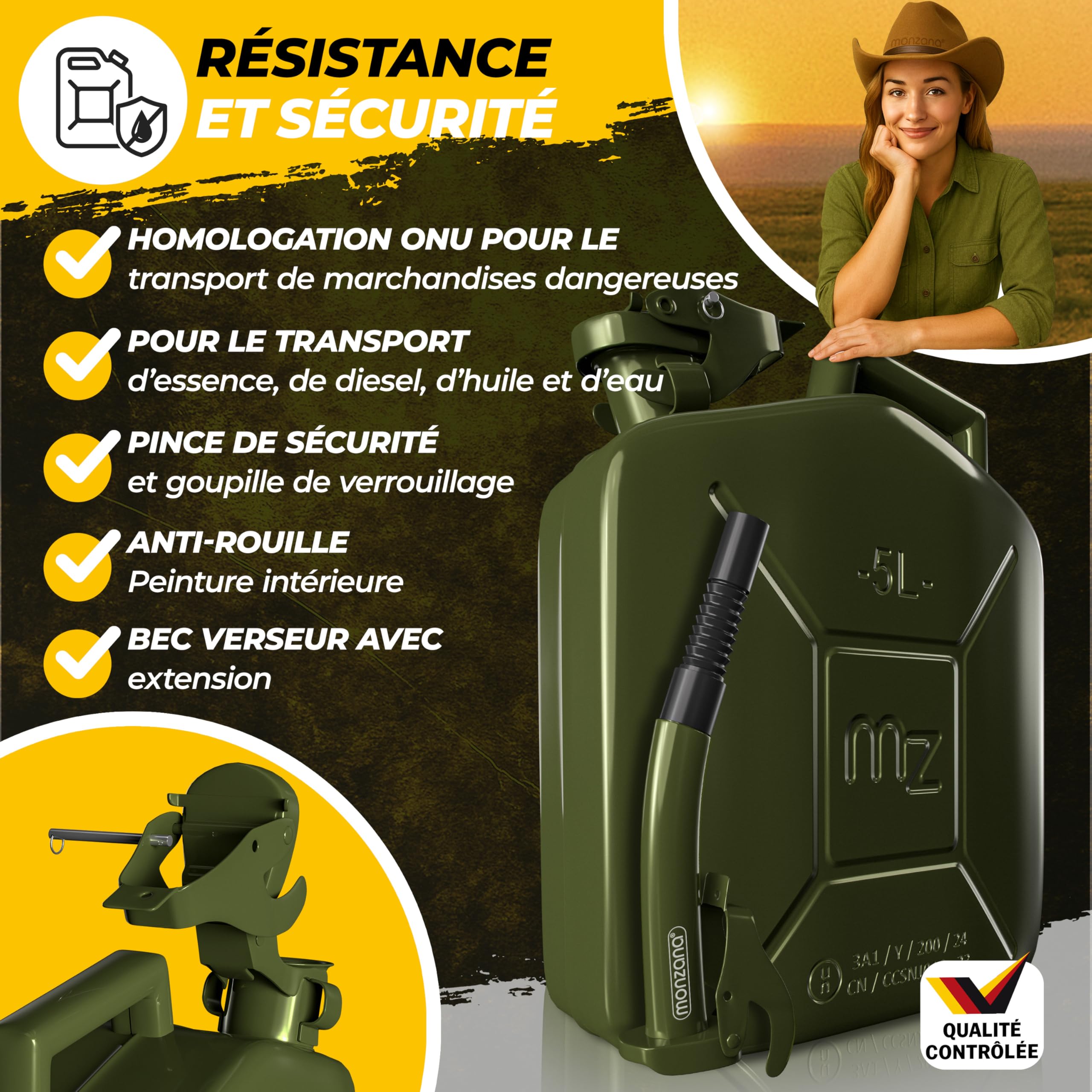 Jerrican en métal 5L Bidon avec bec verseur 24x12x35 cm Liquide carburants