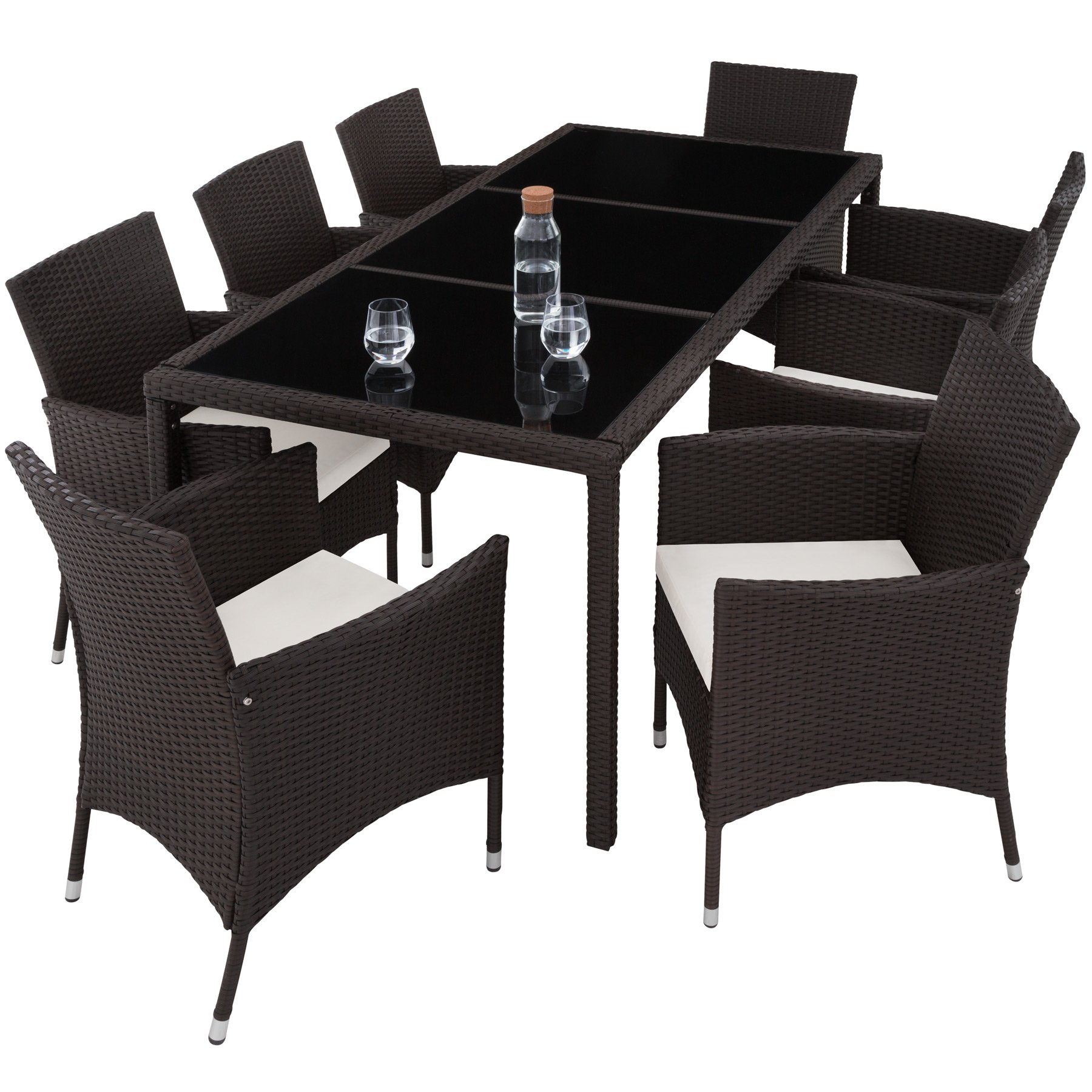 Set Giardino Alluminio E Poly Rattan - 8 Sedie + Tavolo Nero Con Cuscini E Copertura