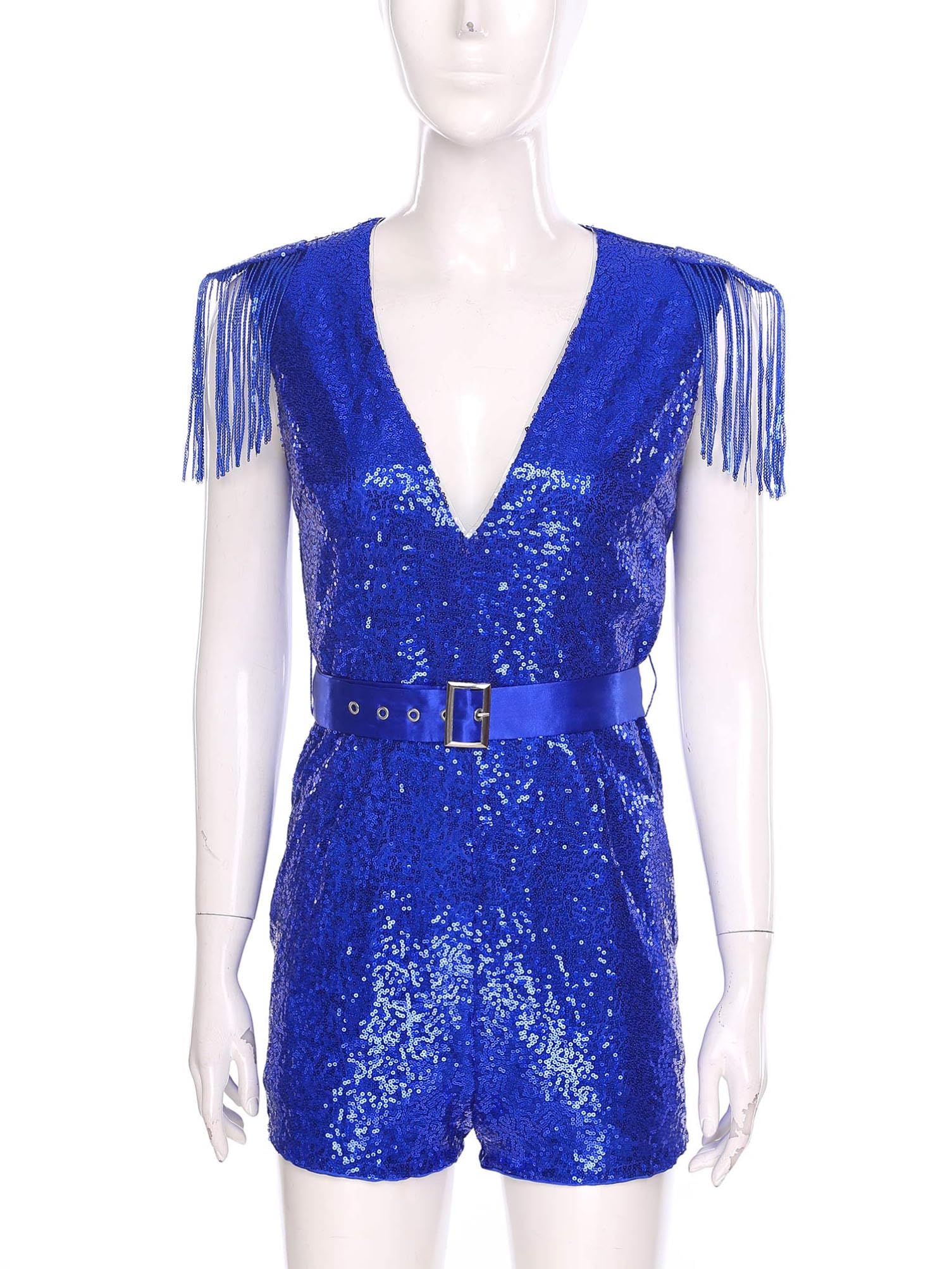 Aislor Femme Élégante Body Soirée Mariage Bal Pailletée Franges Combinaison Avec Ceinture Ajustable Encolure V Bodysuit