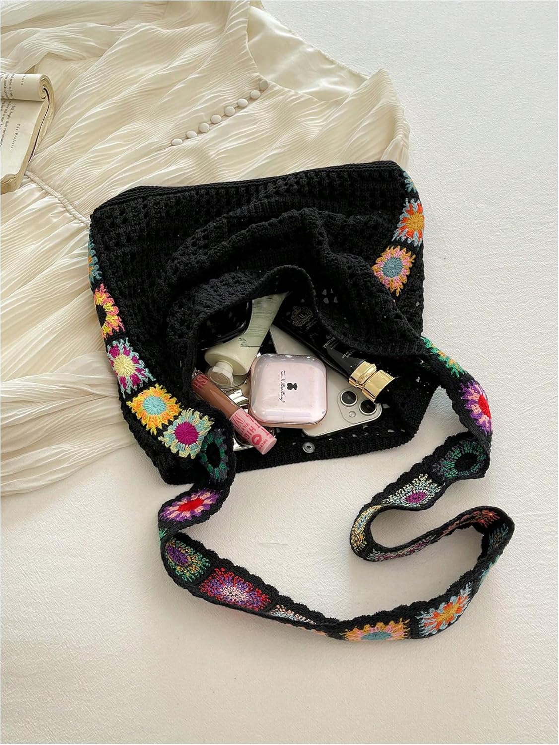 QWINEE Women's Boho Embroidery Crossbody Bag Hollow Out Crochet Knit Shoulder Bag Tote Handbag - Image 5