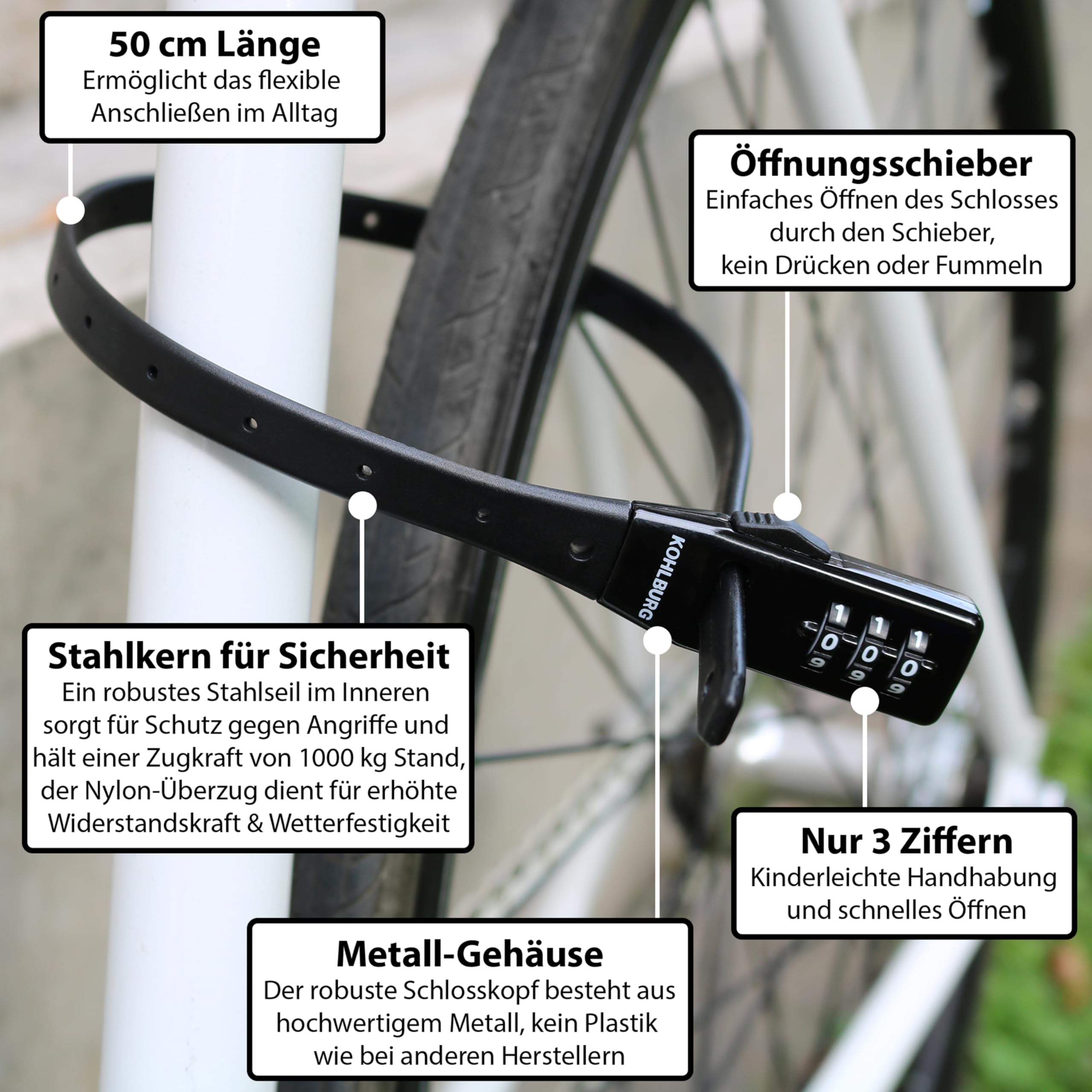 KOHLBURG extrem leichtes Zahlenschloss - 70g leicht mit Zahlencode - 50cm Fahrradschloss klein und sicher - Kabelbinder Schloss auch für Rennrad Scooter Roller - Helmschloss Skischloss & Kinderschloss