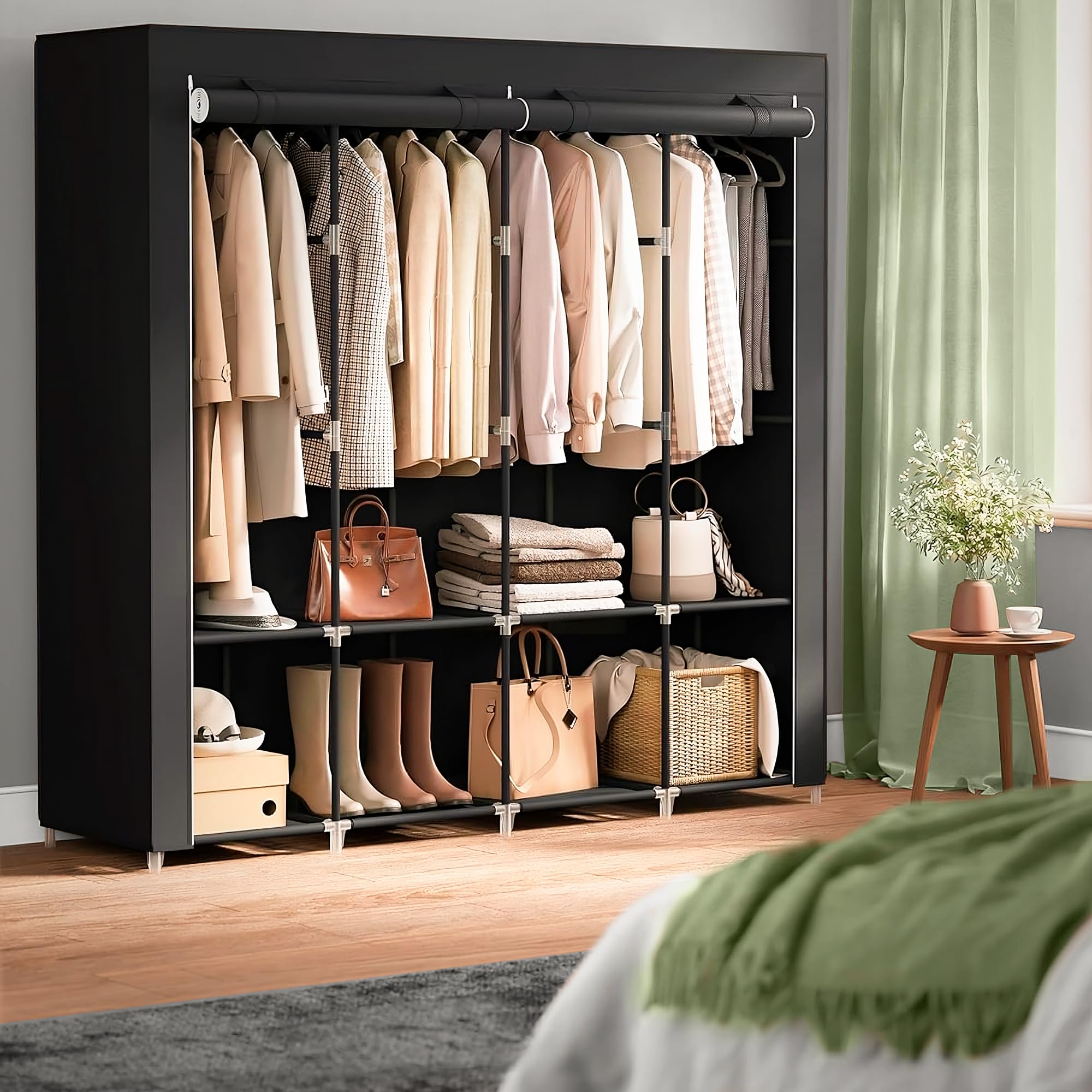 JUPPLIES Stoffkleiderschrank 45x150x175 cm – Faltbarer Kleiderschrank mit Kleiderstange, Regalen und Seitentaschen – Stoffschrank für Schlafzimmer, Leicht & Stabil