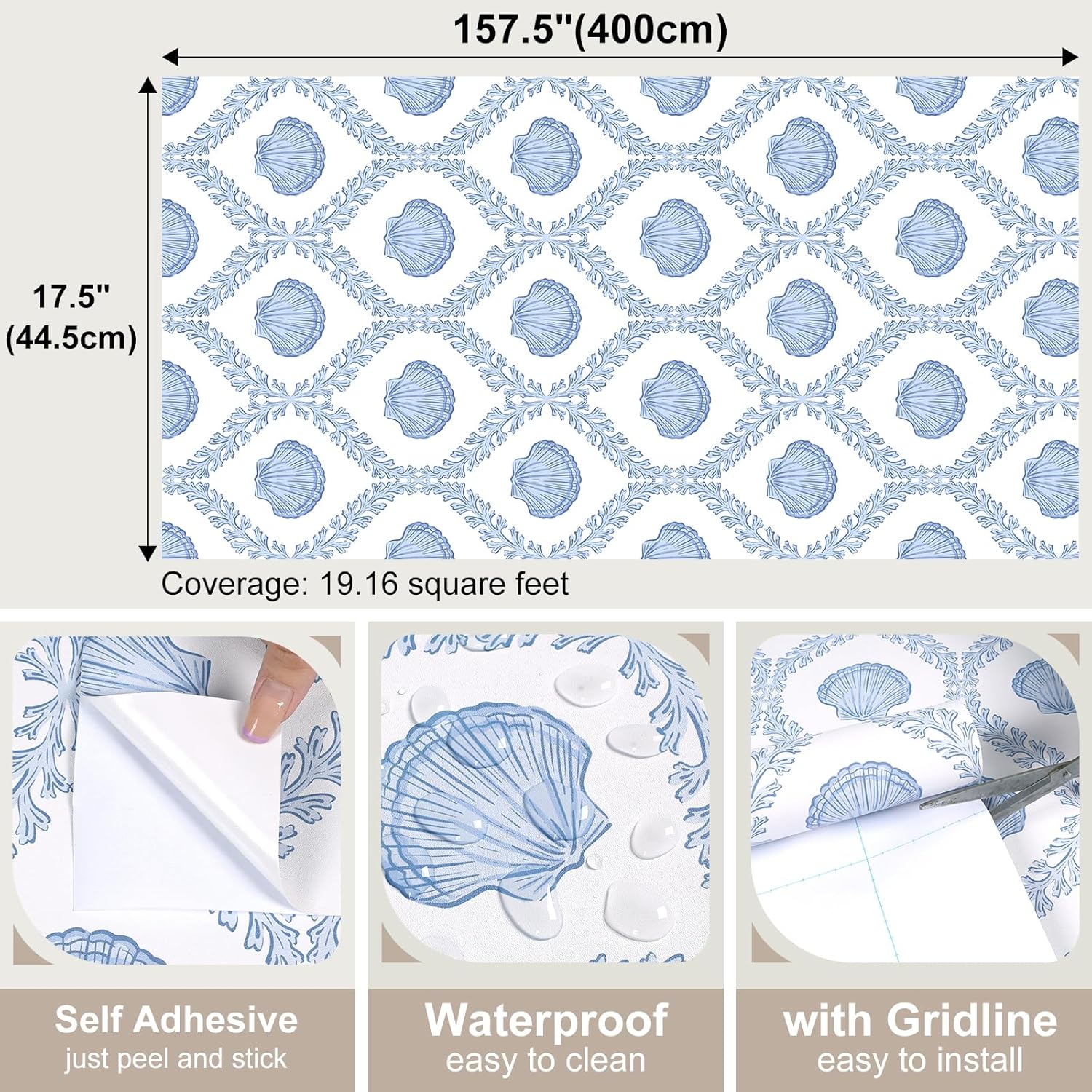 Coastal Seashell Wallpaper Peel and Stick Blue Coral Damask Ogee Wallpaper for Bedroom Nursery Cute Marine Clam DIY Contact Paper for Kitchen Cabinet Shelf Removable Wall Paper 17.7"x157"