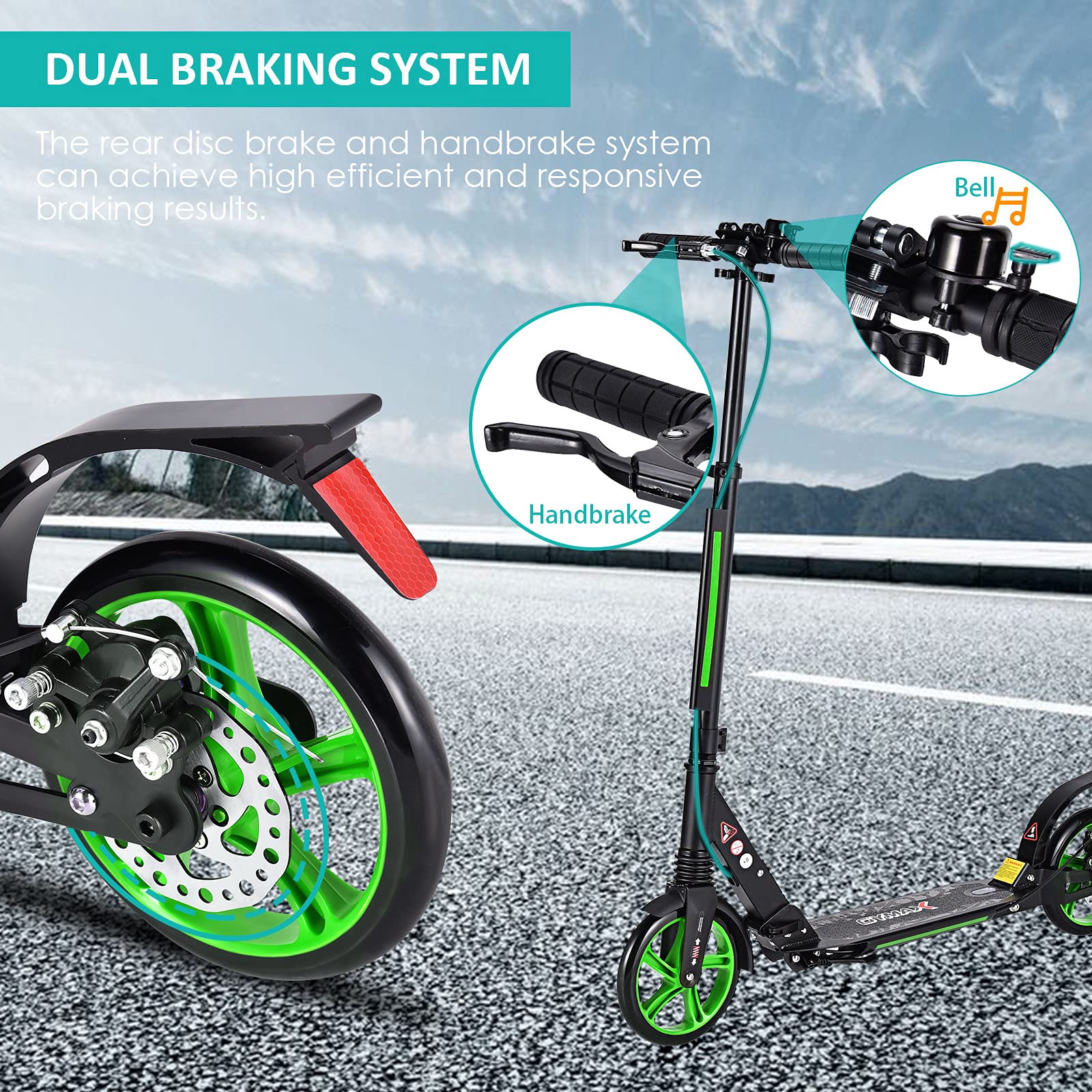 COSTWAY Kickscooter z dzwonkiem i podstawką, hulajnoga z regulacją wysokości, kick scooter składany, hulajnoga miejska obciążalna do 100kg, hulajnoga z pasem nośnym, dla dzieci i dorosłych