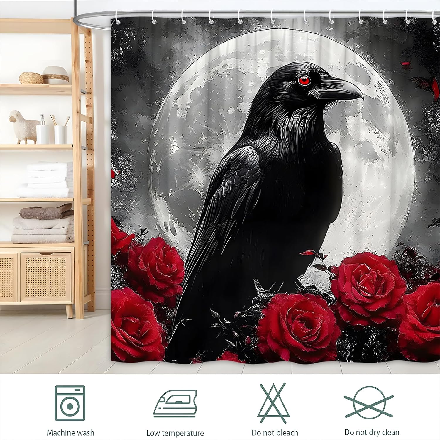 Gothic Raven Shower Curtain Halloween Full Moon Night Red Roses Floral Scary Black Animal Horror Crow Spooky Bathroom Decor Curtain with Hooks