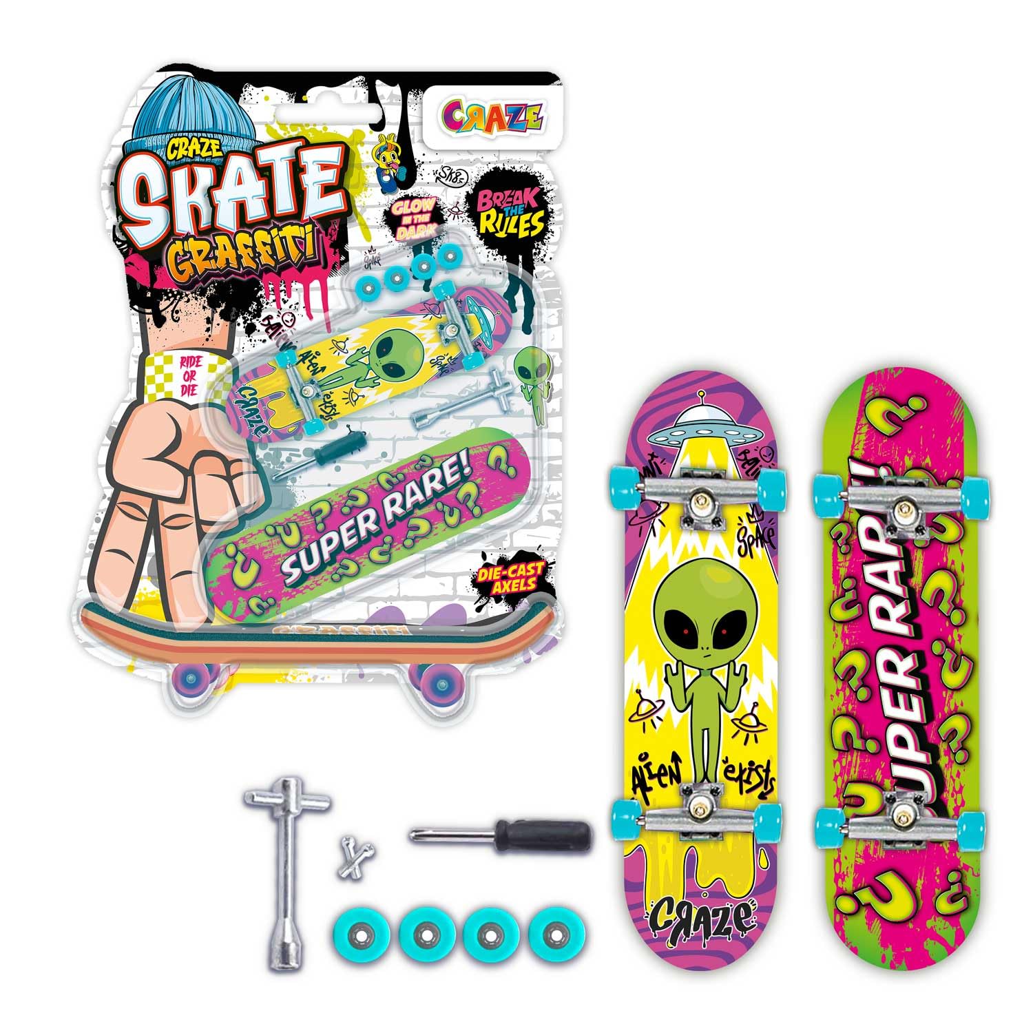 Craze Skate Fingerboard Set 2er Pack – Leuchtende Mini-Skateboards mit Zubehör für Kinder & Fingerboard-Fans – Mini Fingerboards für Tricks & Stunts, Neon