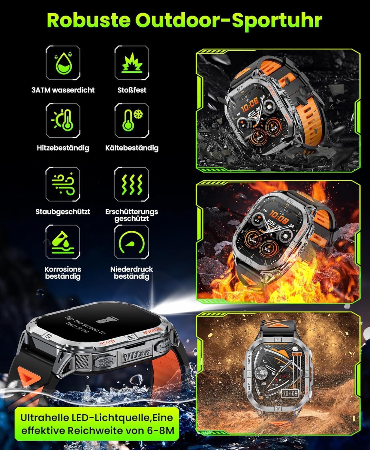 Reloj Inteligente Hombre GPS, 2,13" AMOLED Smartwatch Militar con Linterna Led, Barómetro, Brújula, 100+ Modos Deportivos, Llamadas Bluetooth, 3ATM Impermeable para Android iOS (Negro)