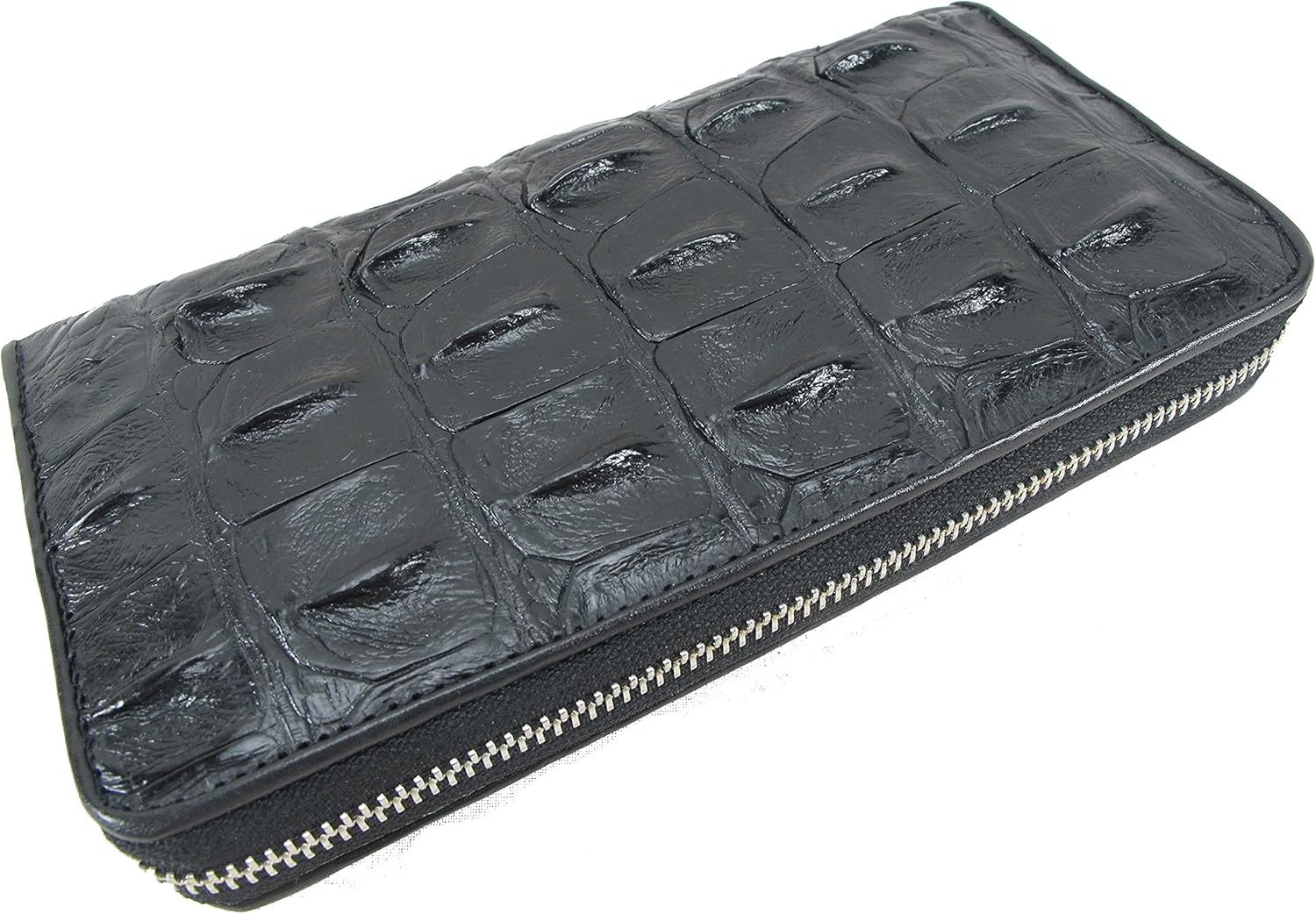 Genuine Crocodile Backbone Skin Leather Zip Around Long Wallet (Black)