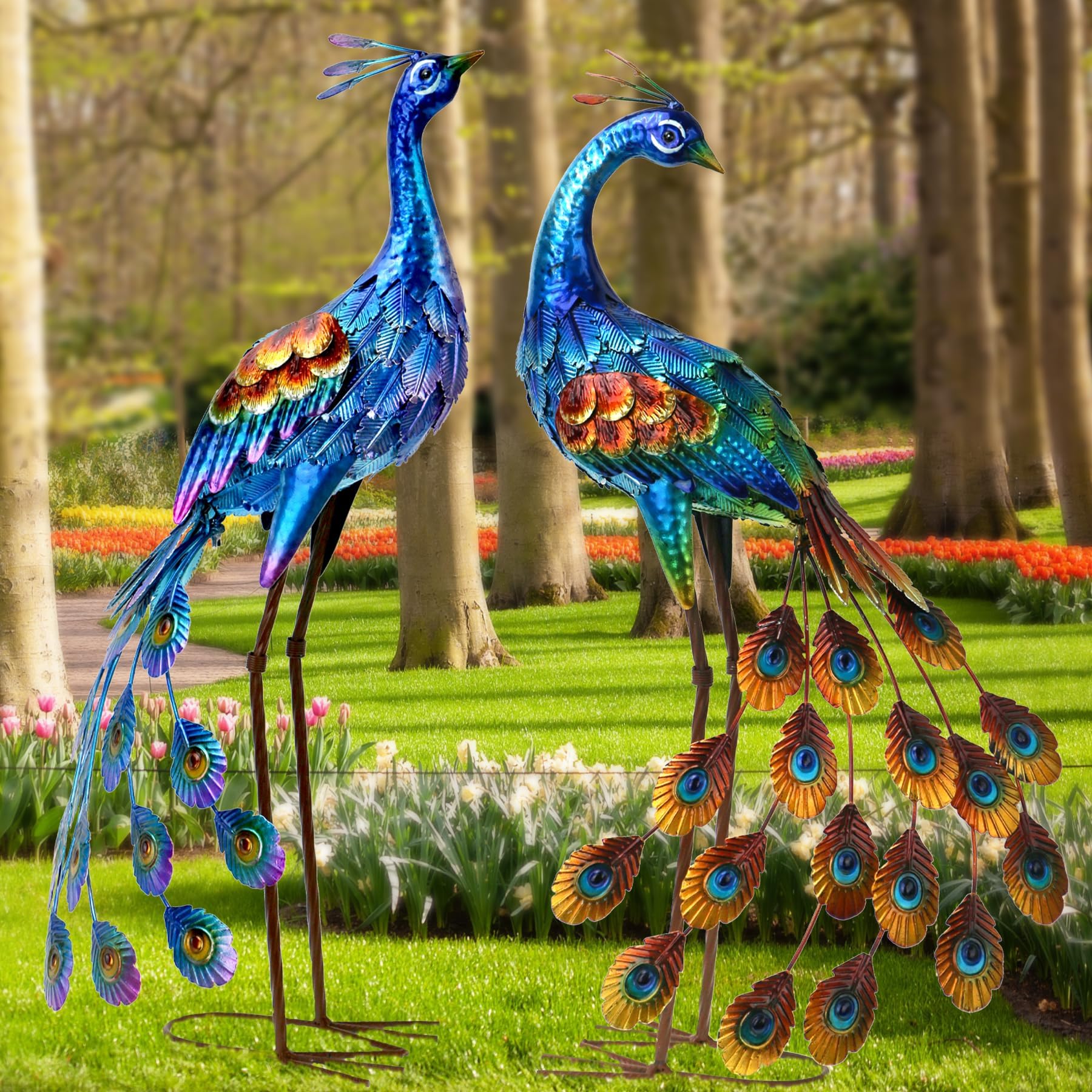 Kircust Peacock Decor Garden Statue and Sculpture, Metal Peacock Yard Art Lawn Decor, Large Birds Garden Sculptures & Statues for Patio Backyard Pond Home Decoration