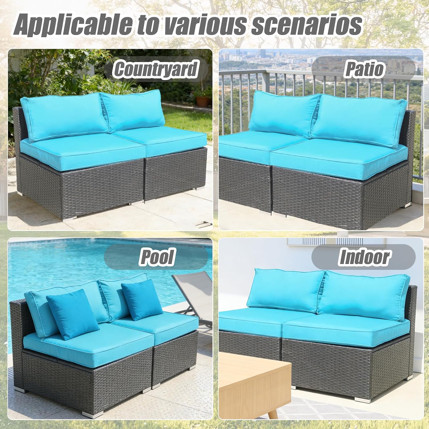 4 Piece Patio Cushion Covers Replacement Splashproof Fade Resistant Outdoor Sofa Slipcovers with Zippers for Sectional Furniture Seat & Backrest (Cyan,24.8x24.8x3.54 Inches)