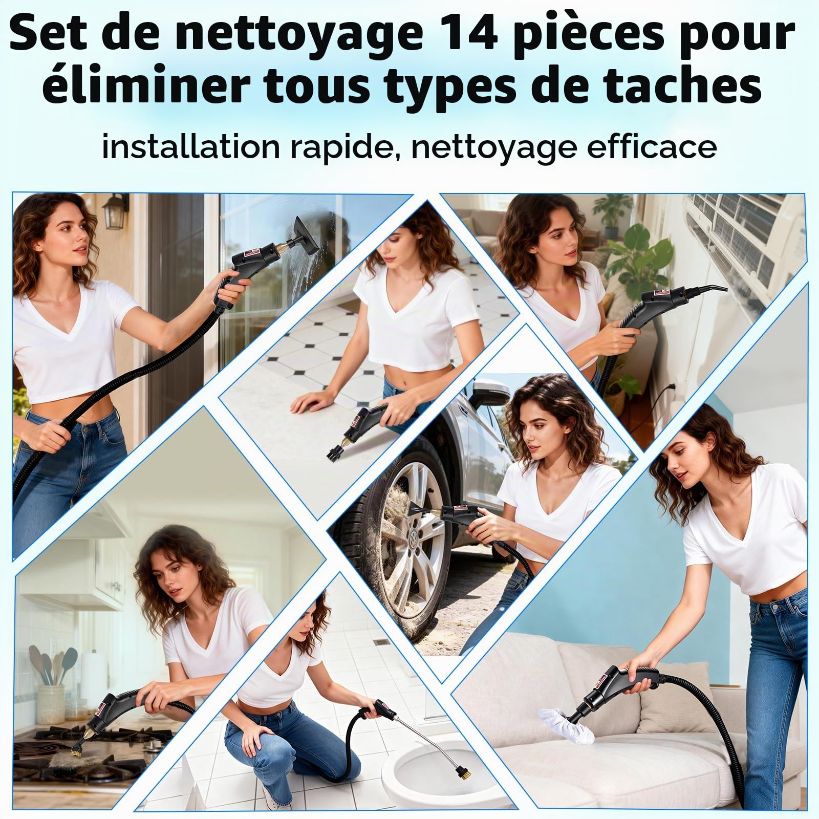Nettoyeur Vapeur Portatif 1500W, Nettoyage Haut avec 14 Accessoires, 3bar, 15s, 1400ml Steam Cleaner