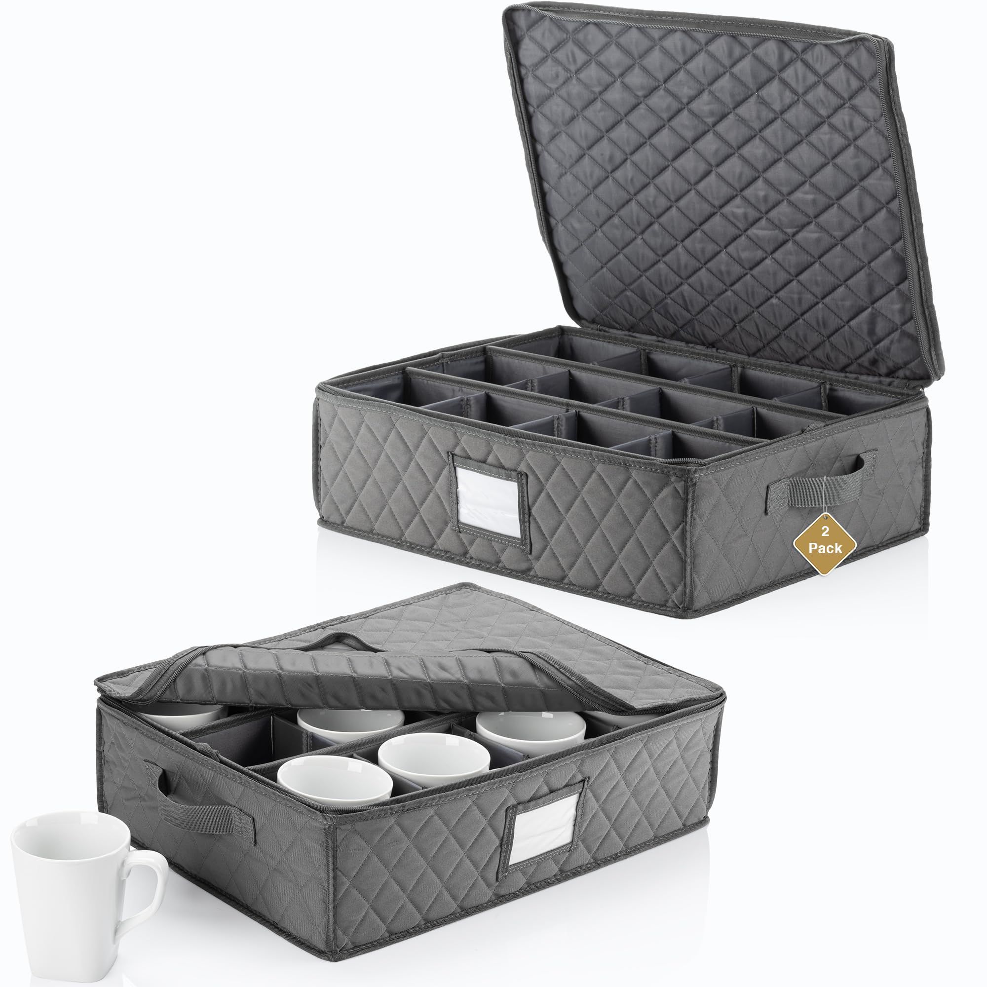 STOZU 2 Pack - China Cup Storage Chests Hold 24 Coffee Cups or Mugs – Stackable Glassware Organizer with Customizable Dividers and Inner Case for Extra Protection – Gray