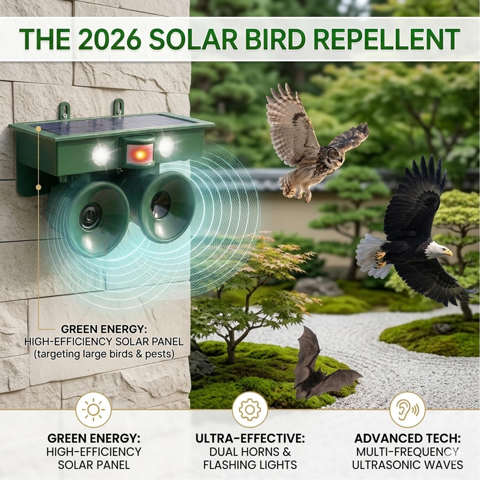 2026 Repellente solare ad ultrasuoni per uccelli all'aperto: repellente per piccioni con sensore di movimento e luce lampeggiante, efficace dispositivo deterrente per animali per tenere gli uccelli