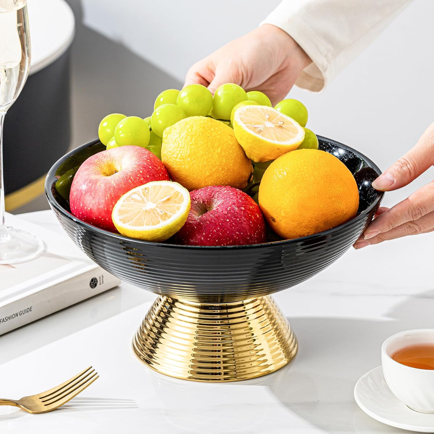 Ceramic Fruit Bowl,10-Inch Large Decorative Bowls,Pedestal Tray with Gold Base for Kitchen Counter, Bread and Fruit Trays,Salad or Dessert Display Trays for Parties. (Black)