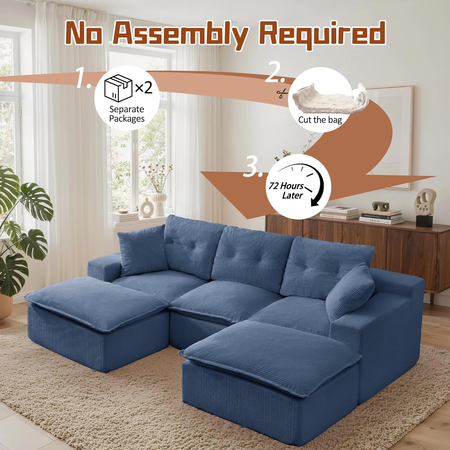Korser 110" U-Shaped Cloud Modular Sectional Sleeper Sofa, Comfy Boneless Couch, Deep Seat Flexible Sectional Couch with 2 Movable Ottomans for Living Room, No Assembly Required, Corduroy, Blue