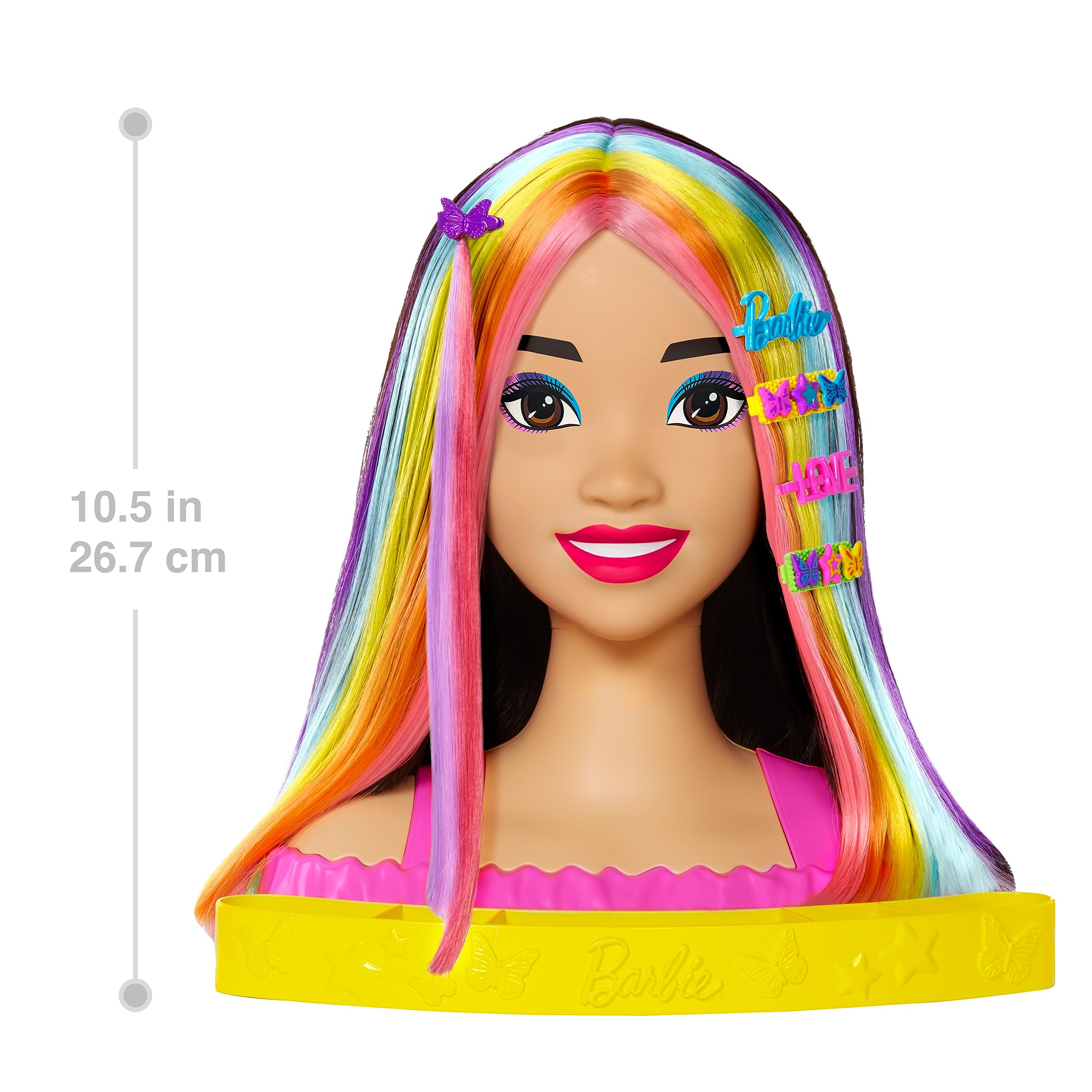 Barbie - Super Chioma Hairstyle Capelli Arcobaleno, testa pettinabile con capelli neri lisci e ciocche arcobaleno fluo da acconciare, con accessori Color Reveal, giocattolo per bambini, 3+ anni, HMD81