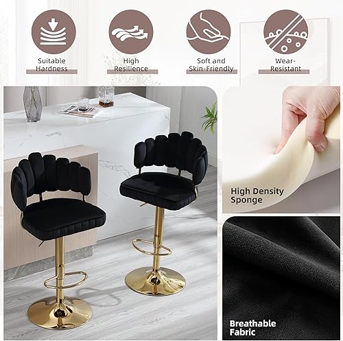 Miniatura 5 de Juego de 2 taburetes de bar ajustables con respaldo en forma de pétalo, asientos tapizados de terciopelo para comedor y cocina, color negro