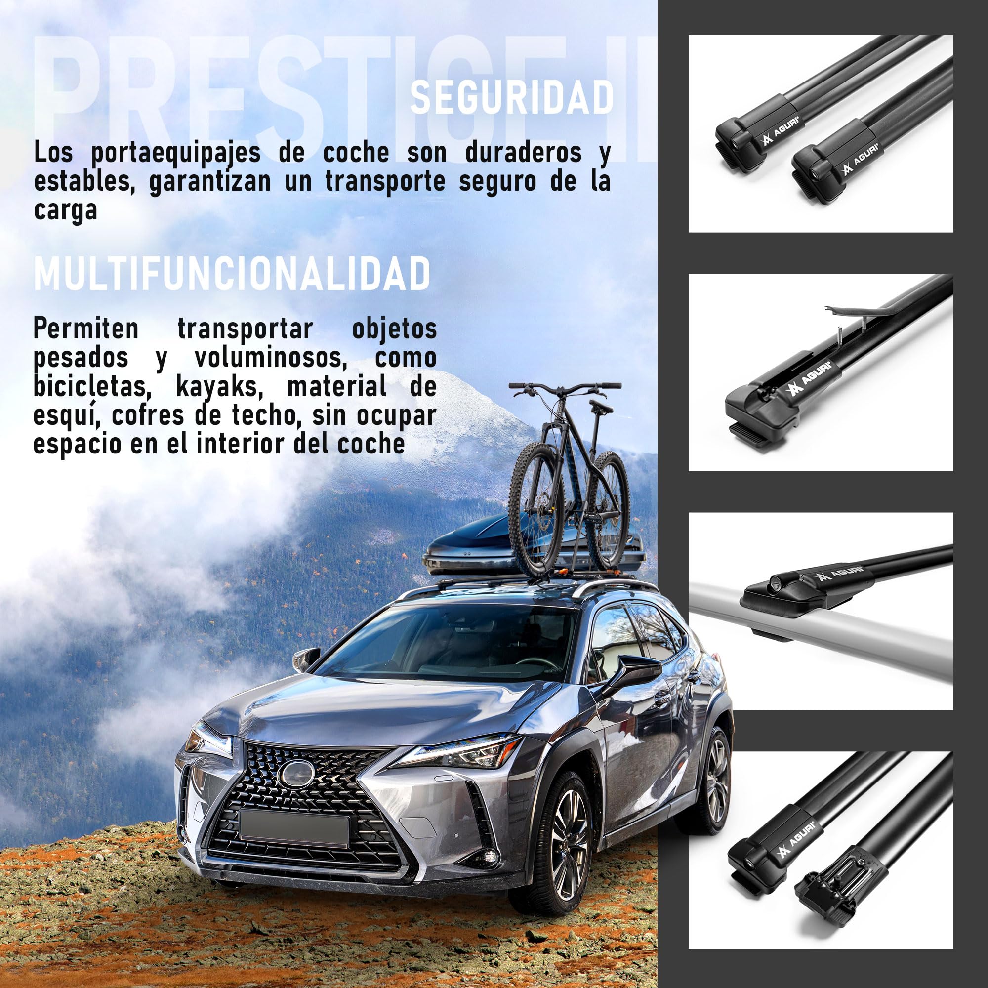 AGURI Prestige II | Compatible con Volkswagen T-Roc 2017+ | Portaequipajes de Techo, Barras de Techo | Destinado a Poner Cofres, Soportes y Escaleras | Construcción Ligera y Resistente de Aluminio