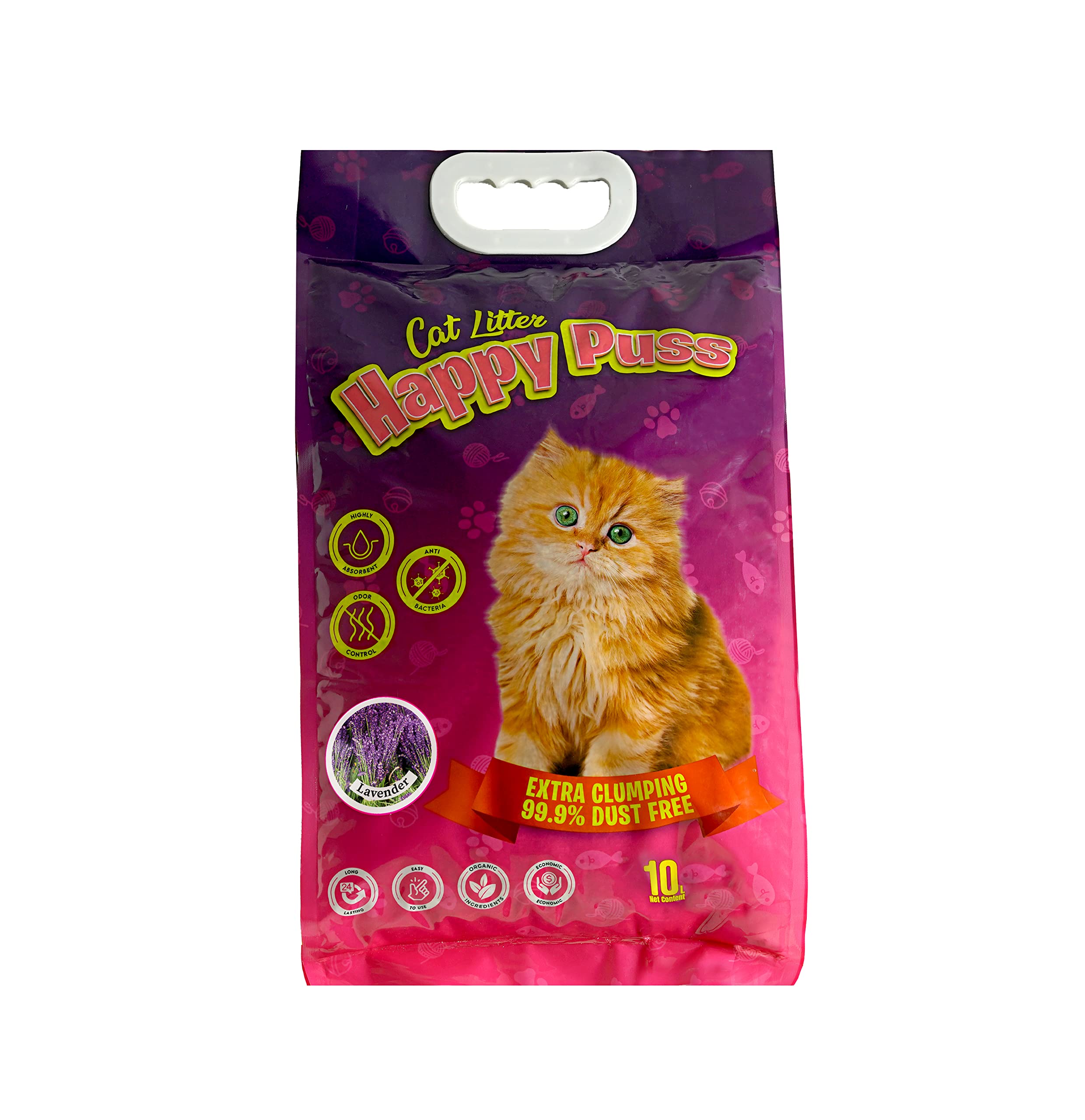 Happy Pusscat litter [10 L]-extra clumping perfumed natural bentonite [Lavender]-99% dust free. *24/7 performance; Anti-bacterial,Highly absorbent and Odour Contro