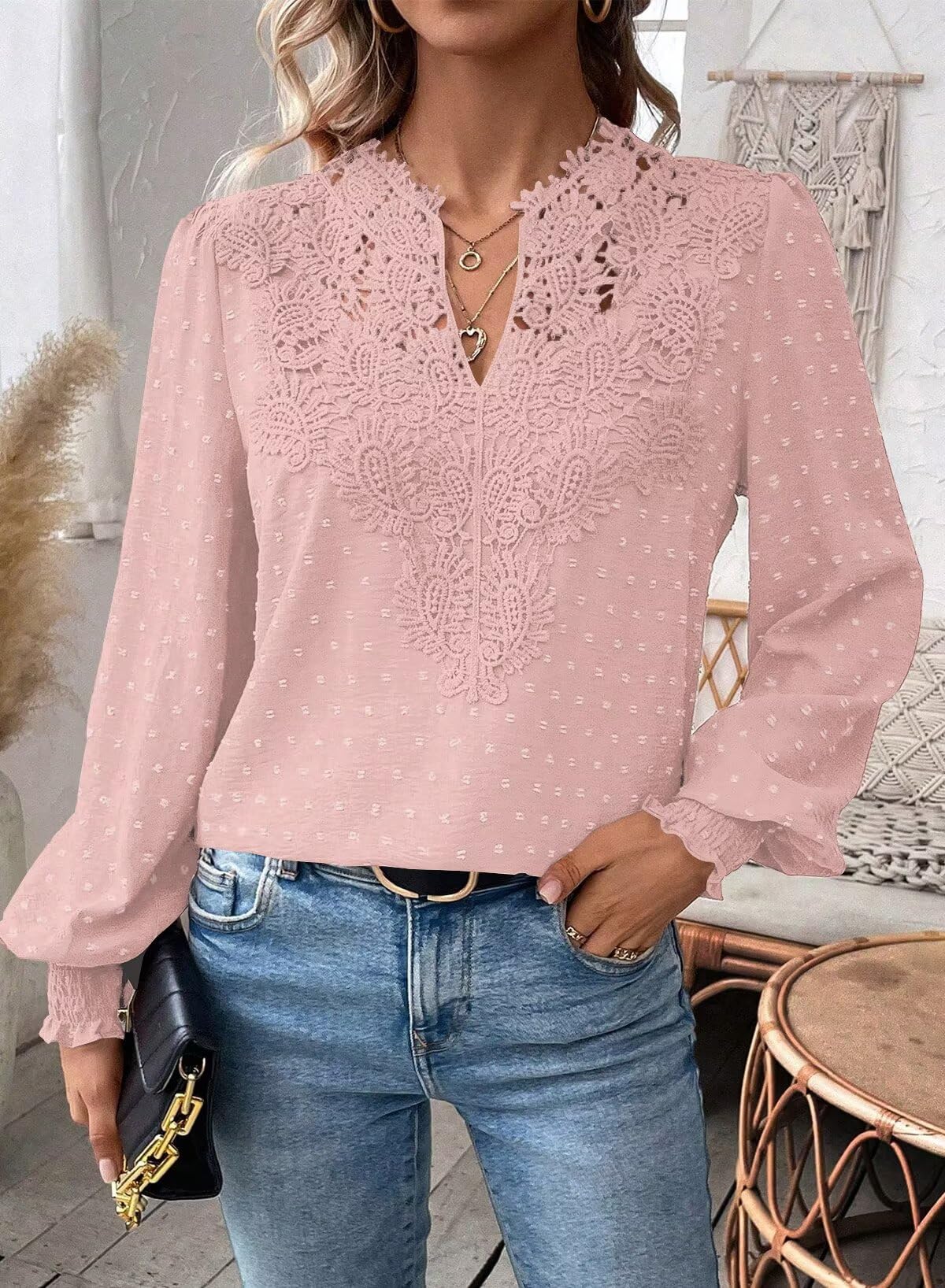 Elegancka Koszulka Damska Długim Rękawem Koszulki Dekoltem W Serek Jesień Boho Casual Falbany Koszula Odzież Top