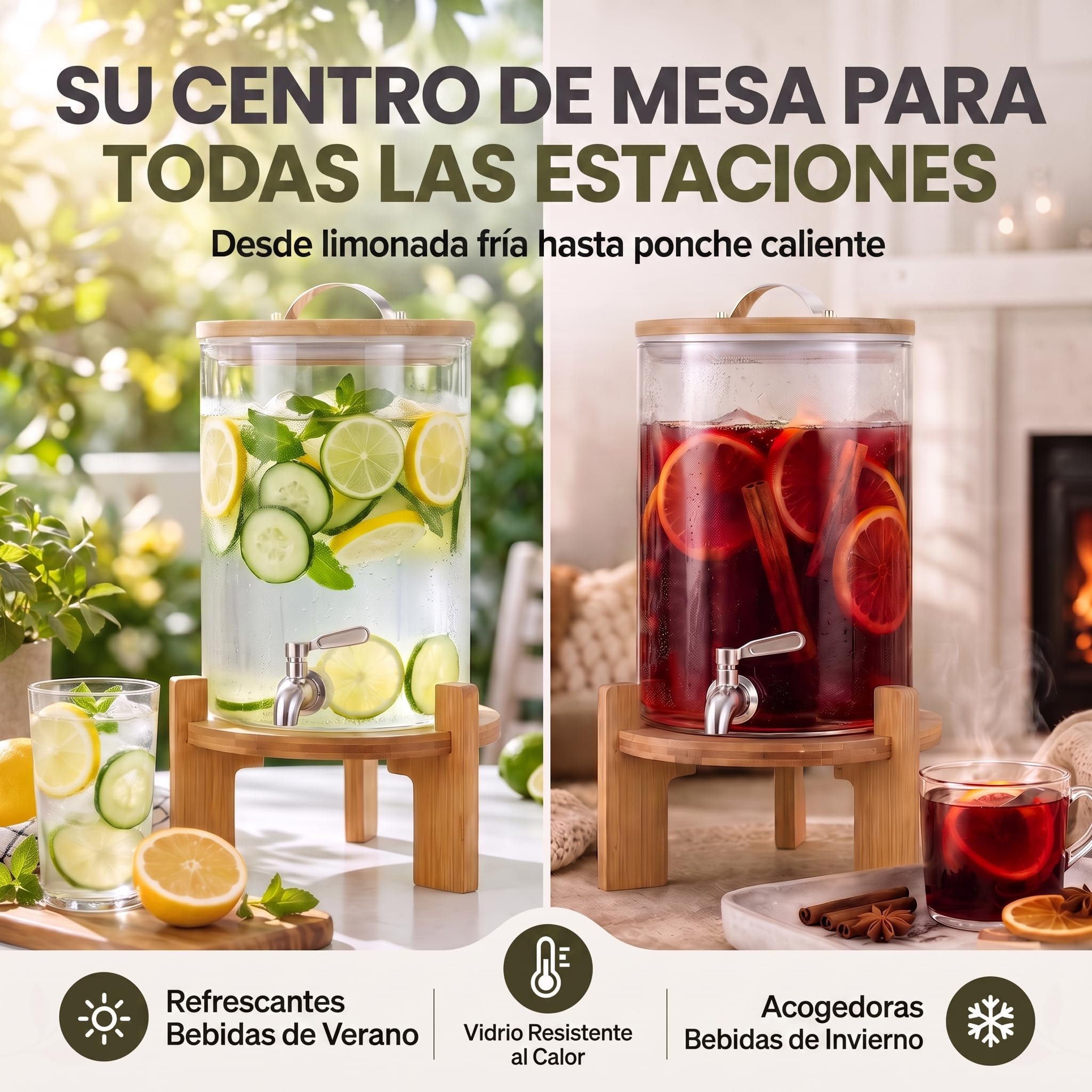 DIMONO® Dispensador de Bebidas de Vidrio con Grifo, 8 L | Vidrio borosilicato resistente al calor - grifo antigoteo de acero inoxidable - soporte y tapa de bambú