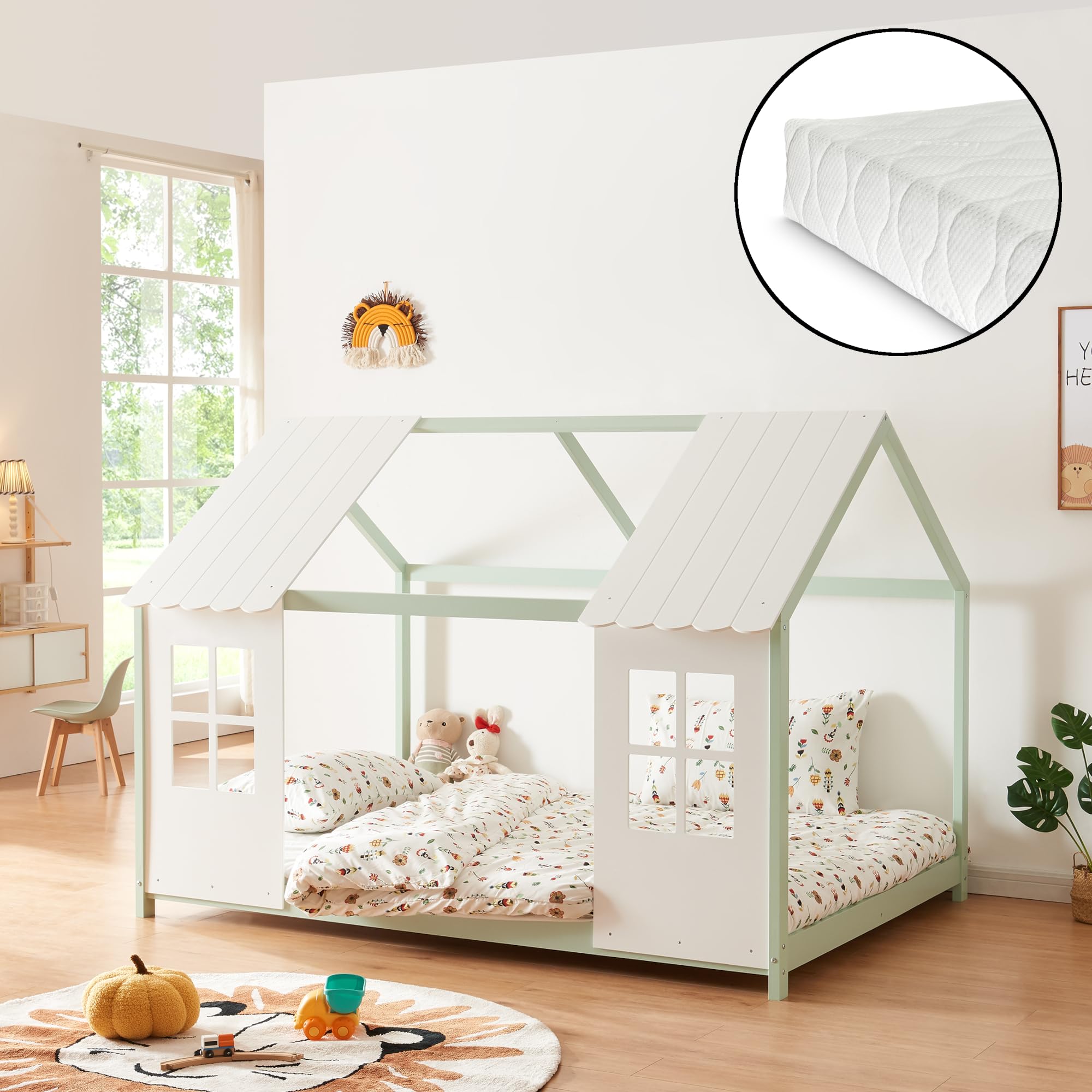 [en.casa] Cama Infantil Tostedt para Niños y Niñas en Forma de Casa con Ventanas y Techo Cama con Somier y Colchón máx. 200 kg Montessori 140 x 200 cm Madera de Pino - Verde Menta/Blanco