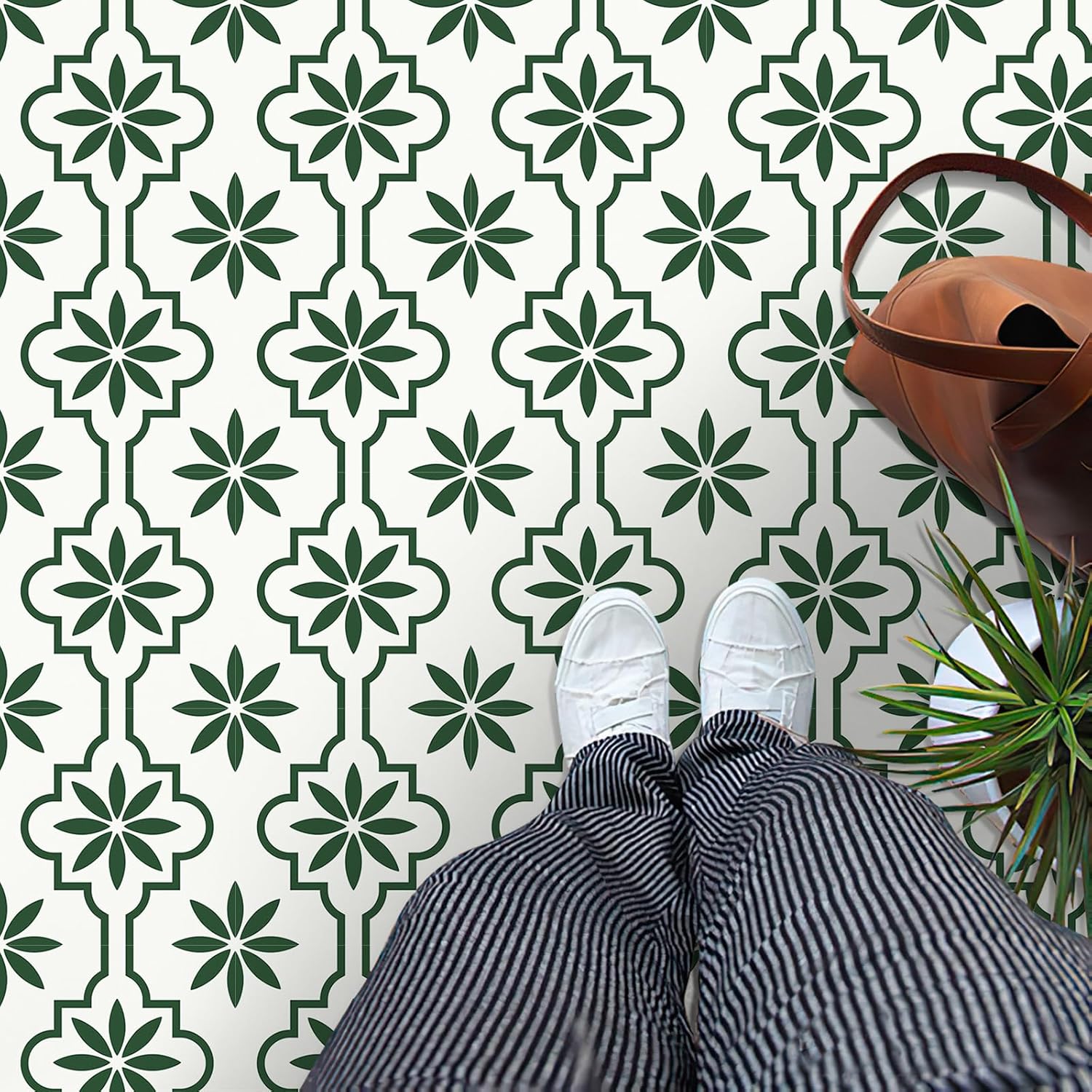 MORCART 20PCS Peel and Stick Floor Tile, 7.87" x 7.87" Vinyl Flooring Waterproof, DIY Flooring for Bathroom, Kitchen, Fireplace, Pet House, Stairs, Bedrooms, Wall FT1687-20 7.87x7.87 Inch green+white 20