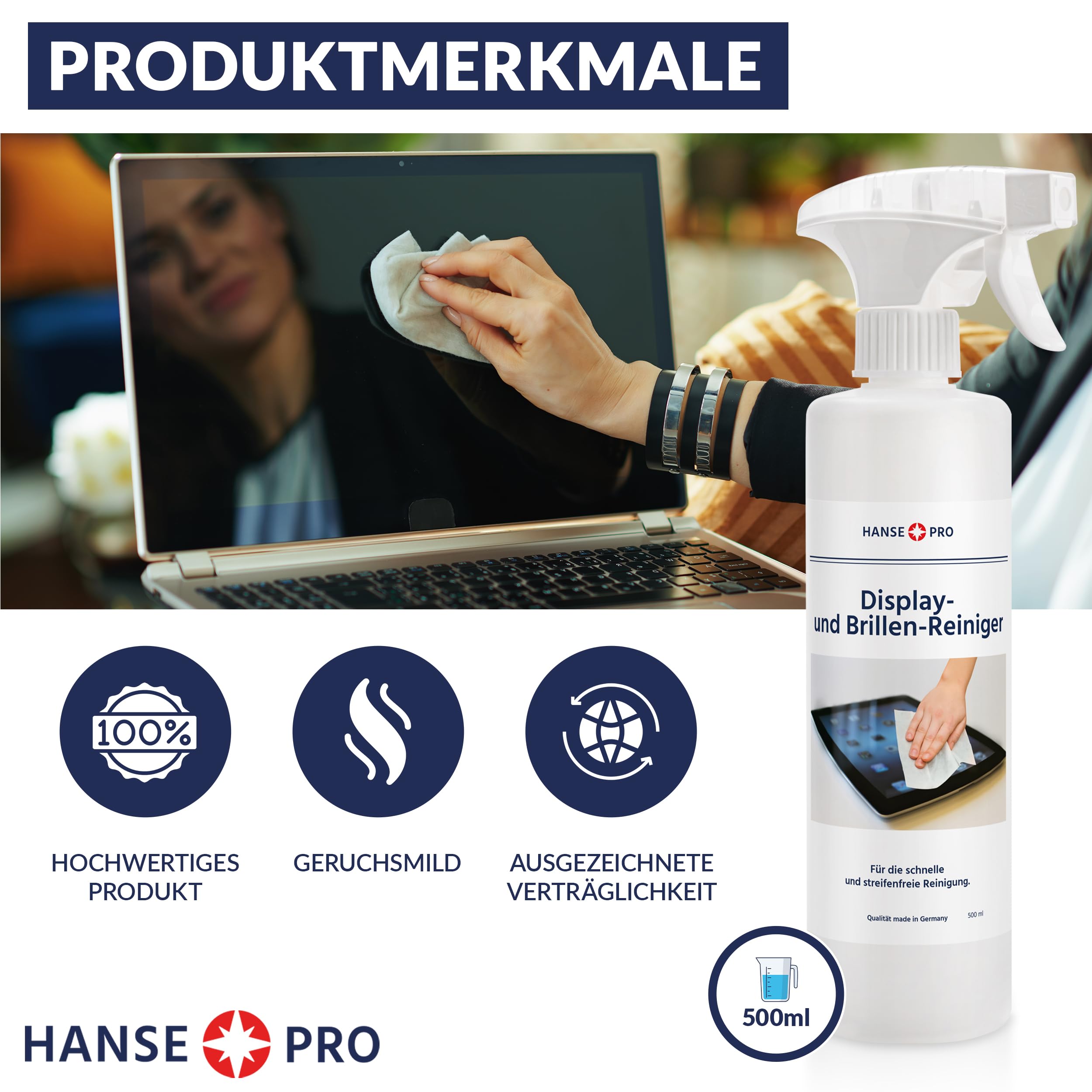 HANSE PRO Displayreiniger, 4 x 500 ml I Bildschirm-Reiniger I Screen Cleaner I ideal für Monitor, PC, Computer, Tablet, Smartphone, Notebook