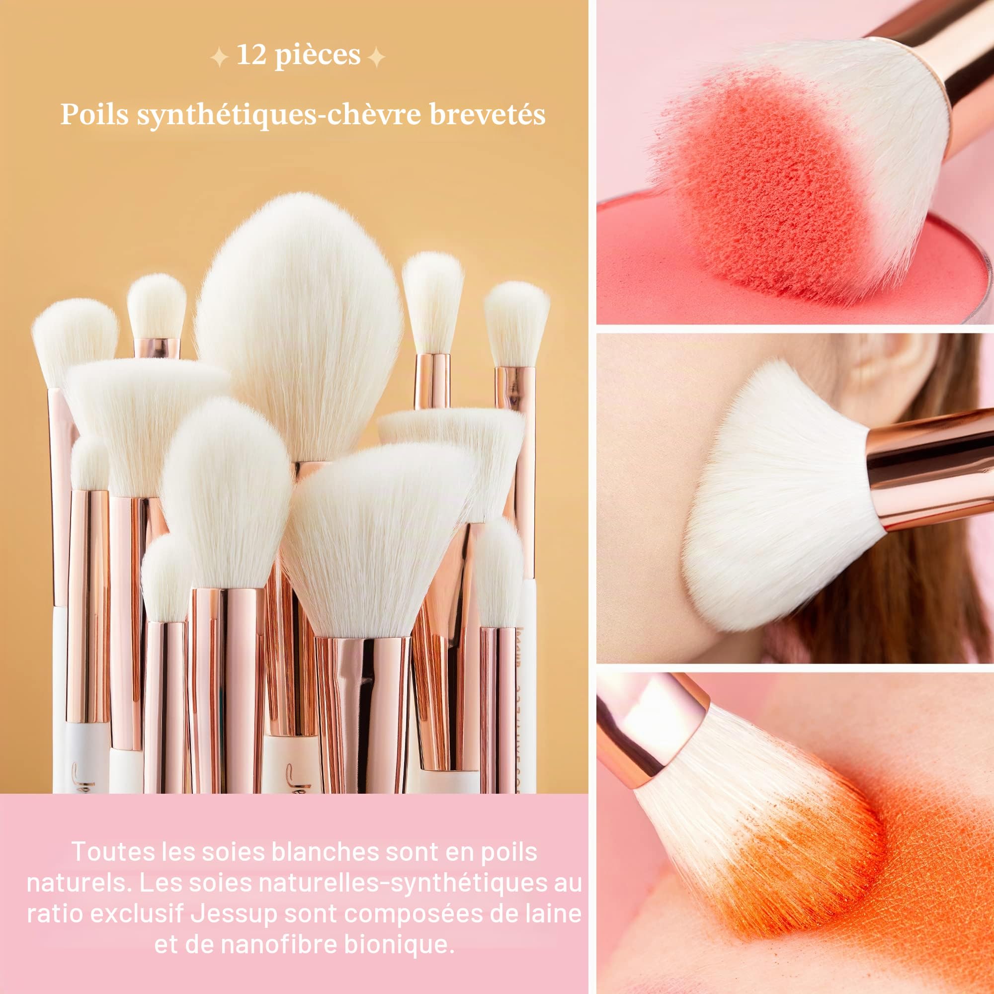 Jessup pinceaux maquillages 25 pièces kit professionnel pinceau a maquillage fond de teint poudre, fard à joues rouge lèvres brosses maquillage cheveux synthétiques naturelles Blanc/Or rose T215