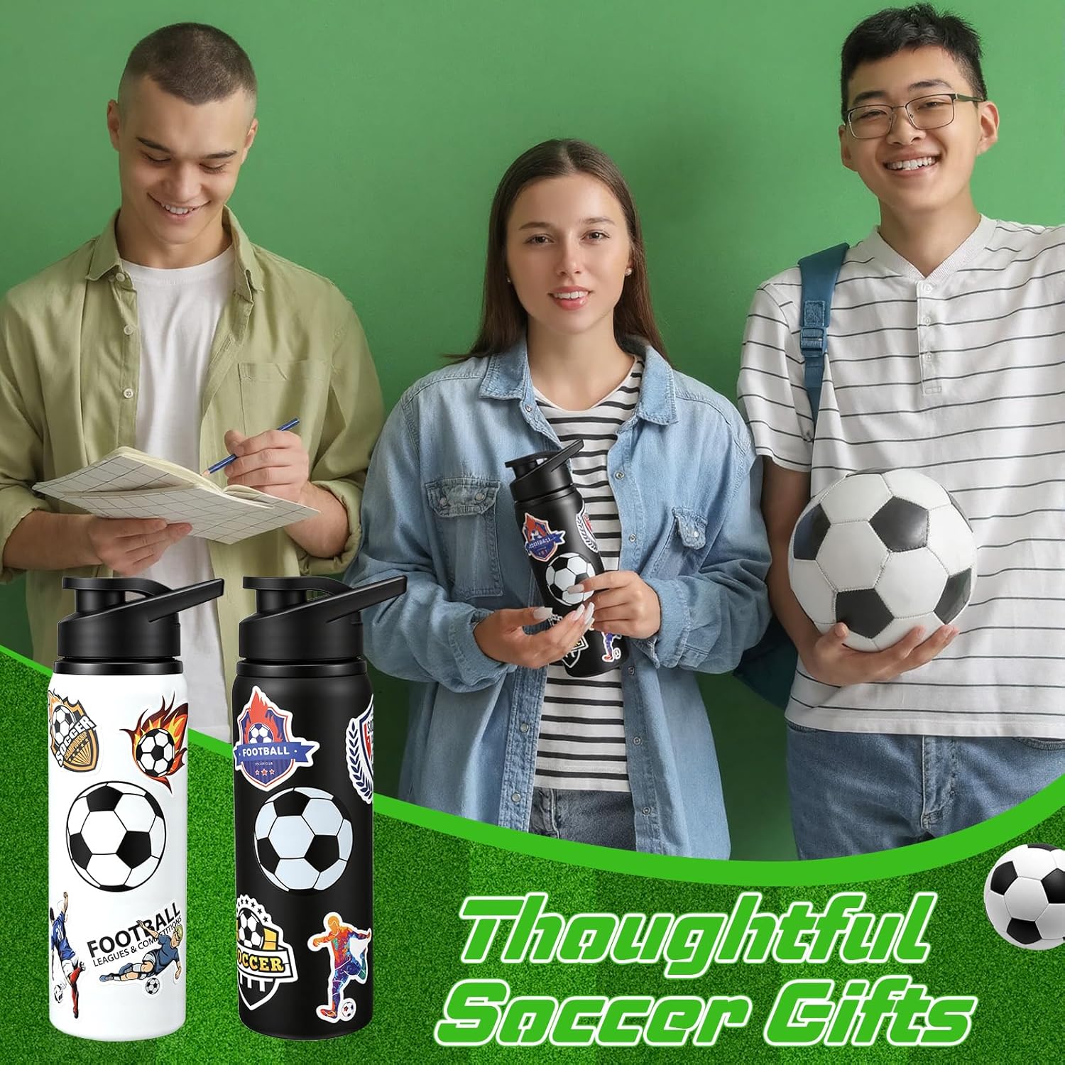Ceenna 2 Pcs 24 oz Soccer Water Bottle with 50 Stickers, Stainless Steel Insulated Travel Tumbler Soccer Gifts for Team Sports Fans, Travel Gym Hiking Cycling Camping Bike Cages