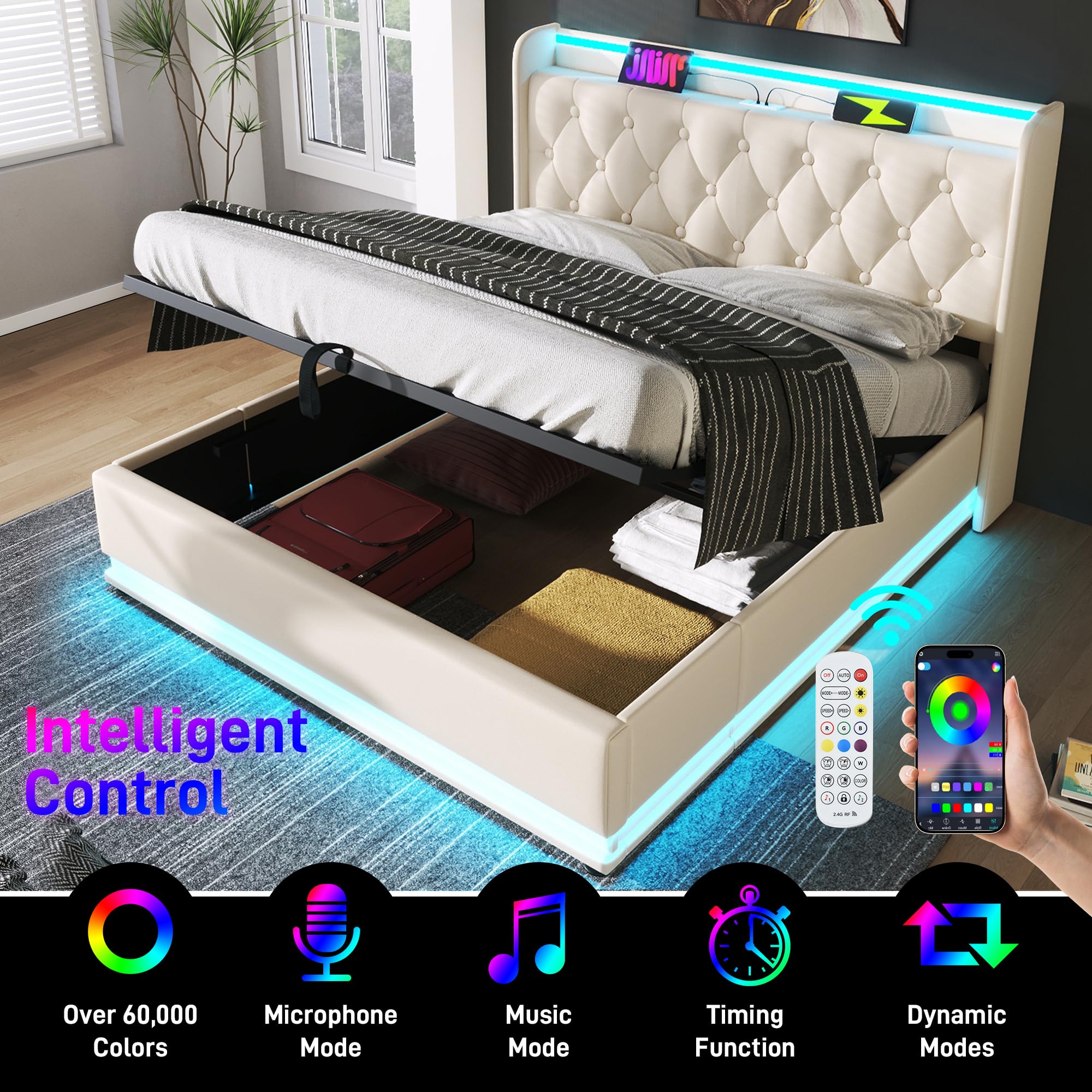LINKHOO lit rembourré double, fonction LED surround 360, bouton-poussoir/application/télécommande,140*200 cm, matériau PU blanc Lit de camp hydraulique,avec fonction de charge USB Type-C(sans matelas)