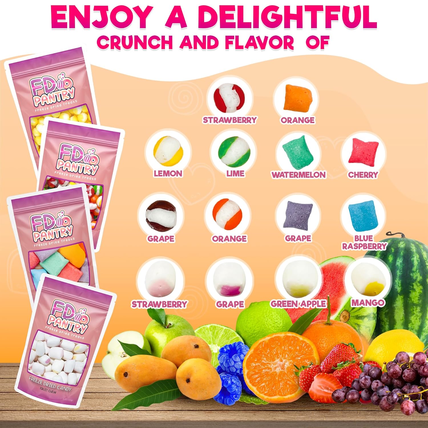 Freeze Dried Candy Variety Pack, Fruit Crunch, 4 oz (4 Pack), Original, Lemon Crunch, Fruit Taffy, Assorted Combo, Gift Bundle