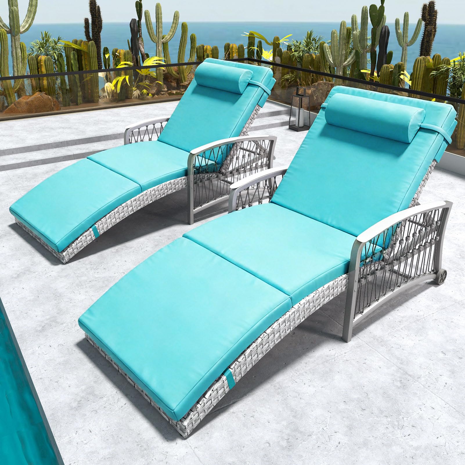 Outdoor Chaise Lounge Set of 6 Outdoor Wicker Rattan Patio Chairs Recliners with 5-Position Backrest &amp; Thickened Cushions &amp; Wheels for Backyard Pool Beach