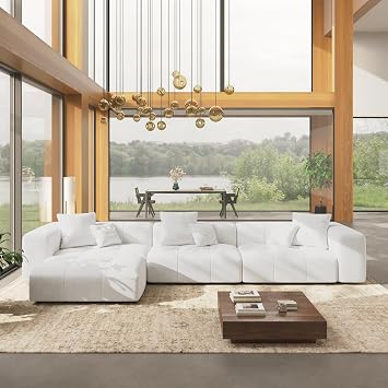 WJShome 144 Inch L Shaped Couch Modular Sectional Sofa 3 Seater with Ottoman,Linen Deep Seat with Pillow Couches for Living Room, Bedroom and Apartment,White